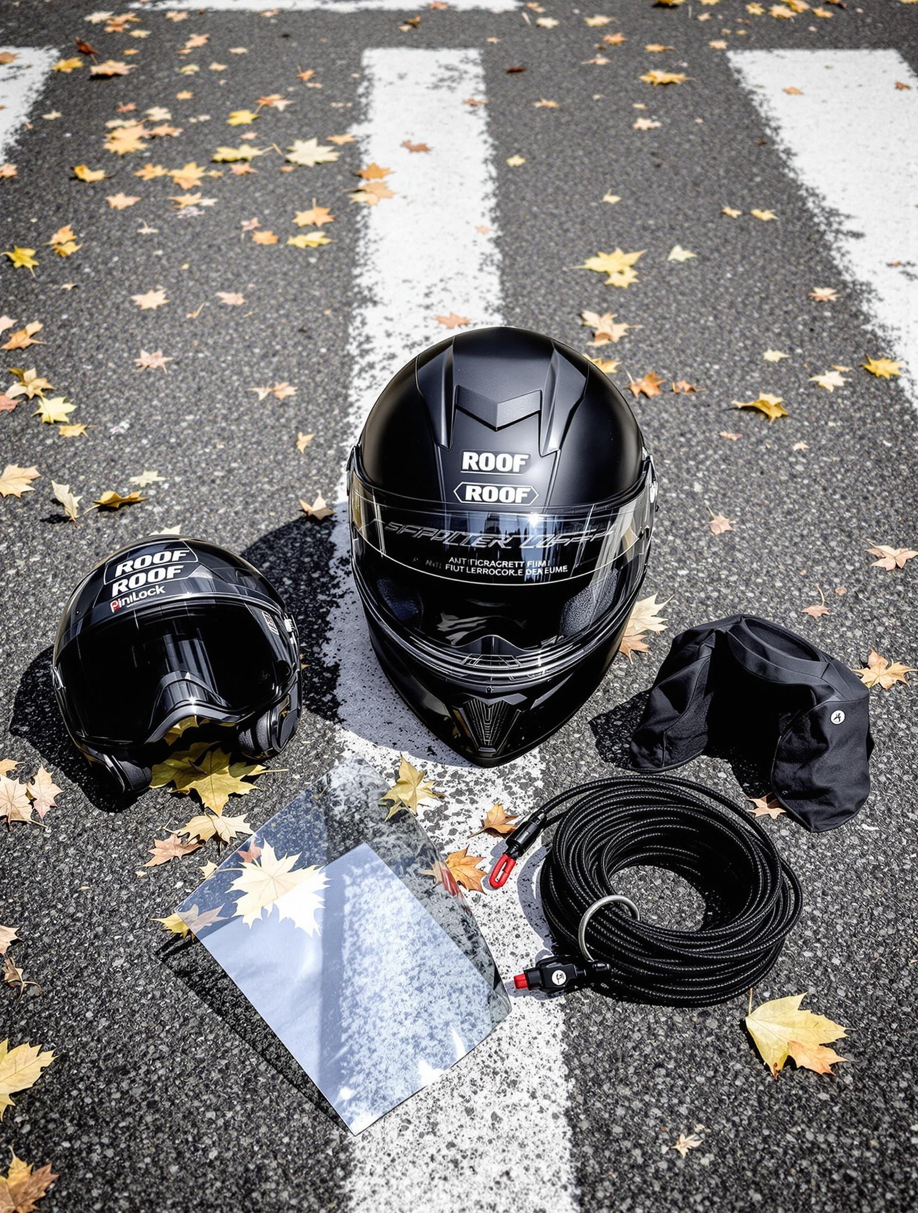 Accessoires essentiels posés autour d’un casque ROOF