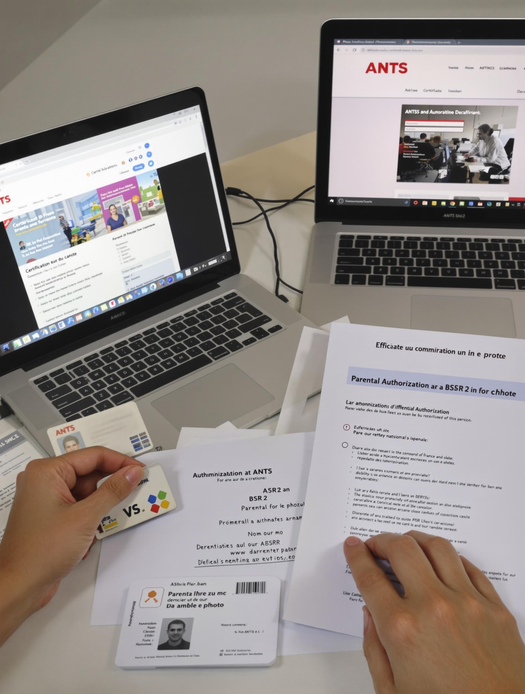 Adolescent préparant ses documents pour l’inscription au BSR sur une table avec un ordinateur connecté à l’ANTS.