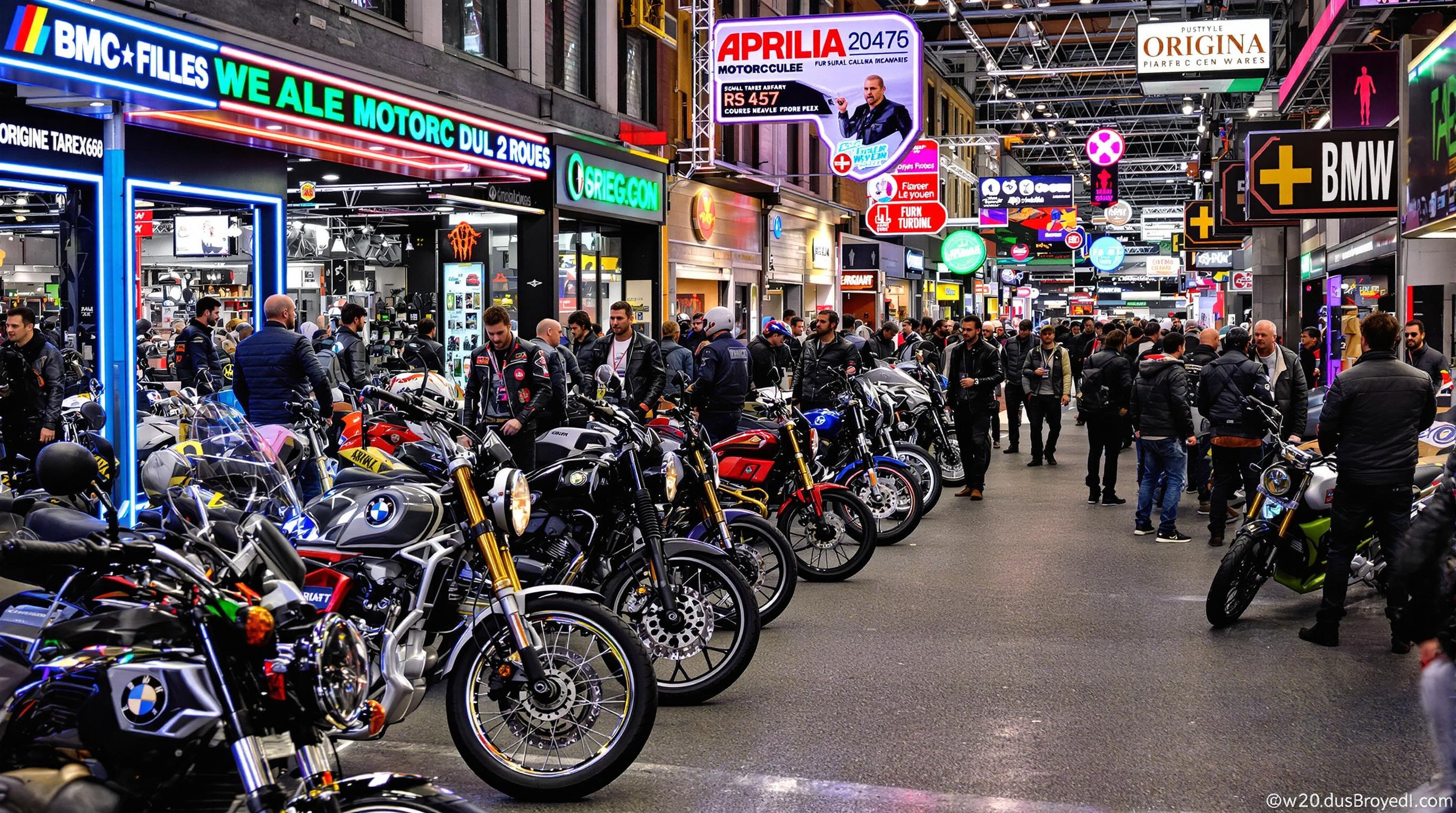 Allée du salon moto Lyon avec stands BMW Aprilia Origine et ambiance motarfs