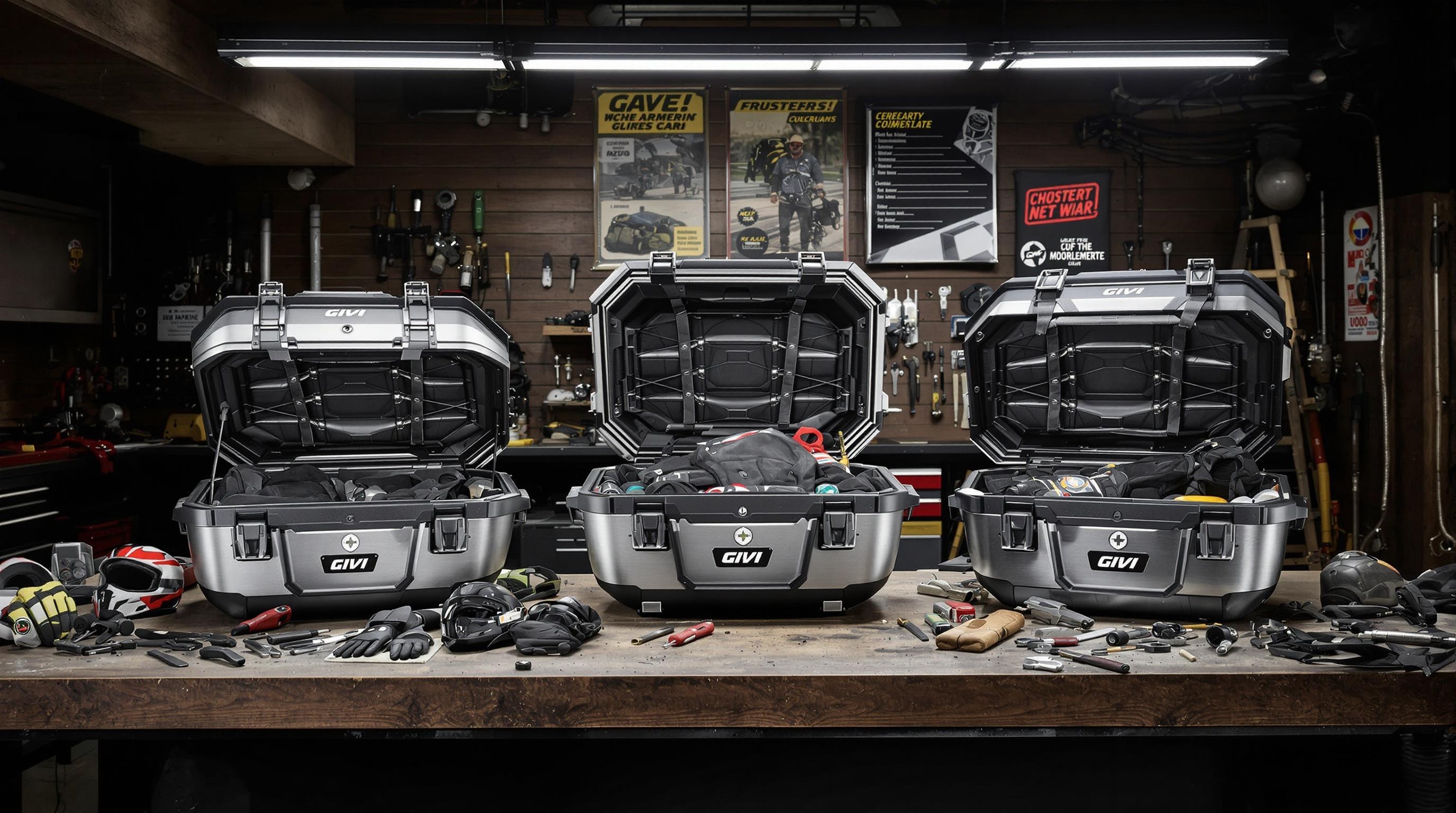 Top cases Givi Trekker Outback dans un atelier motard
