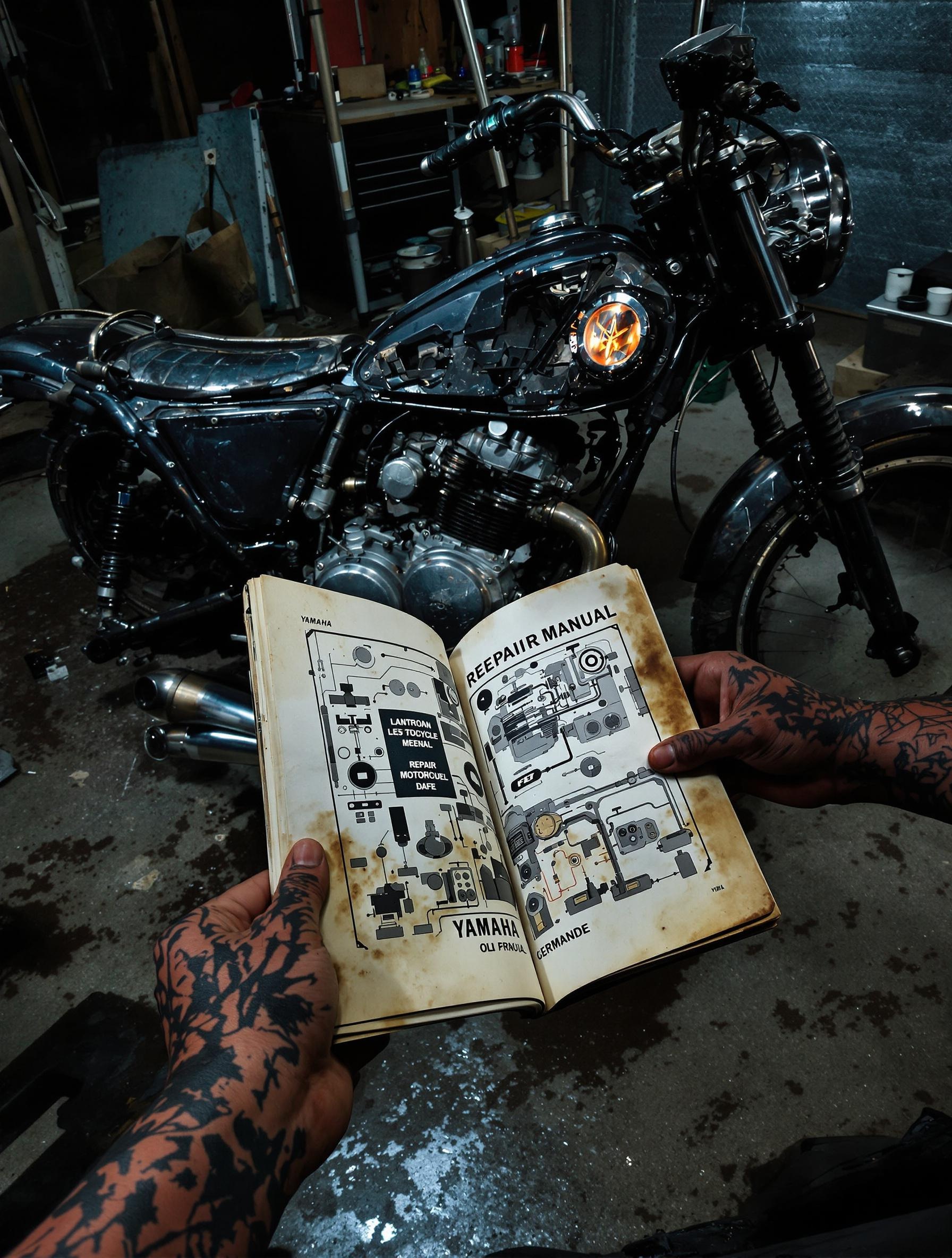 Mécano urbain feuilletant une RMT à côté d’une Yamaha démontée
