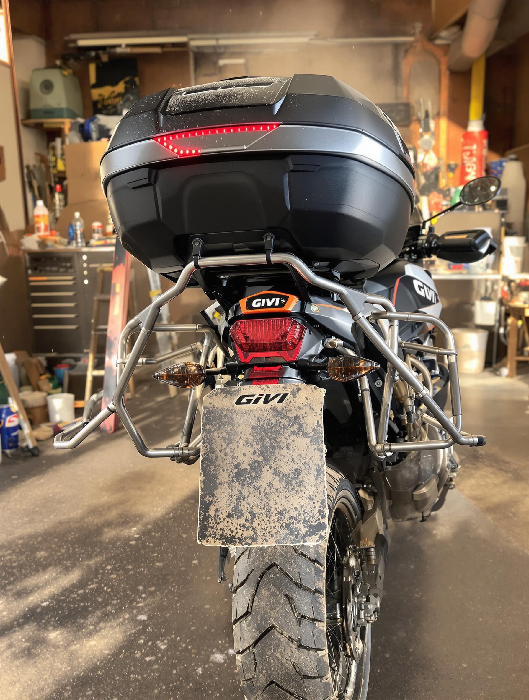 Pare-carters et support top case Givi montés sur moto trail