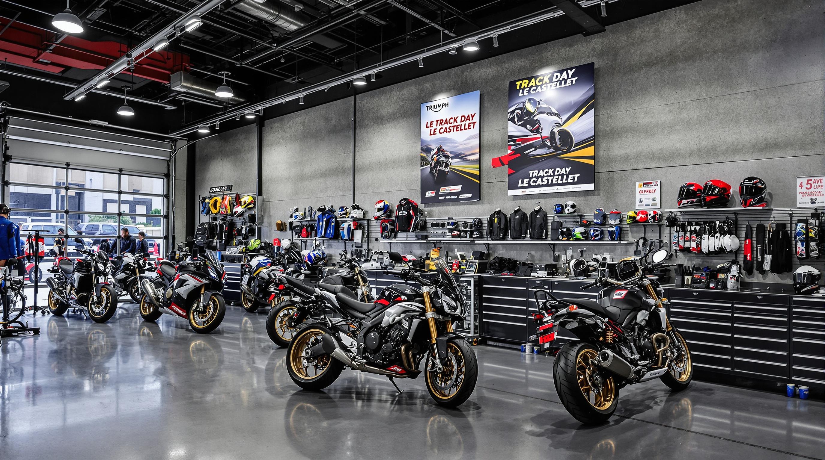Atelier Triumph Paris avec accessoires et Track Day