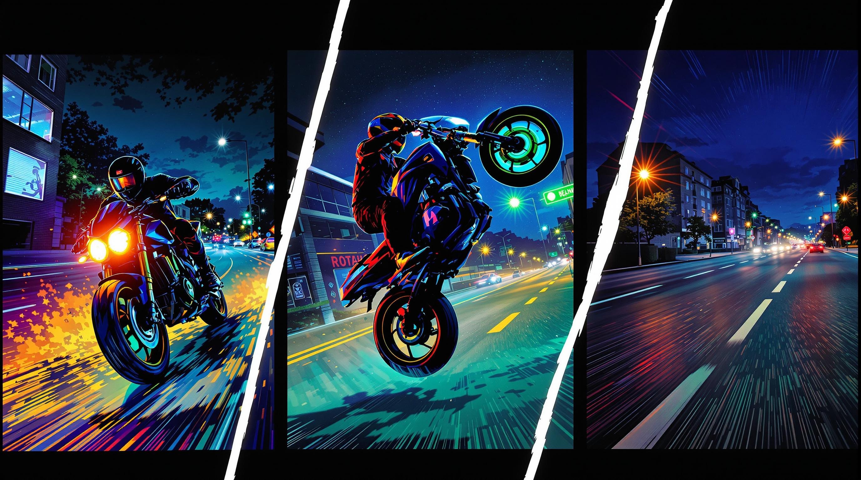 illustration de freinage d'urgence, wheeling, wobble et shimmy, ambiance nocturne