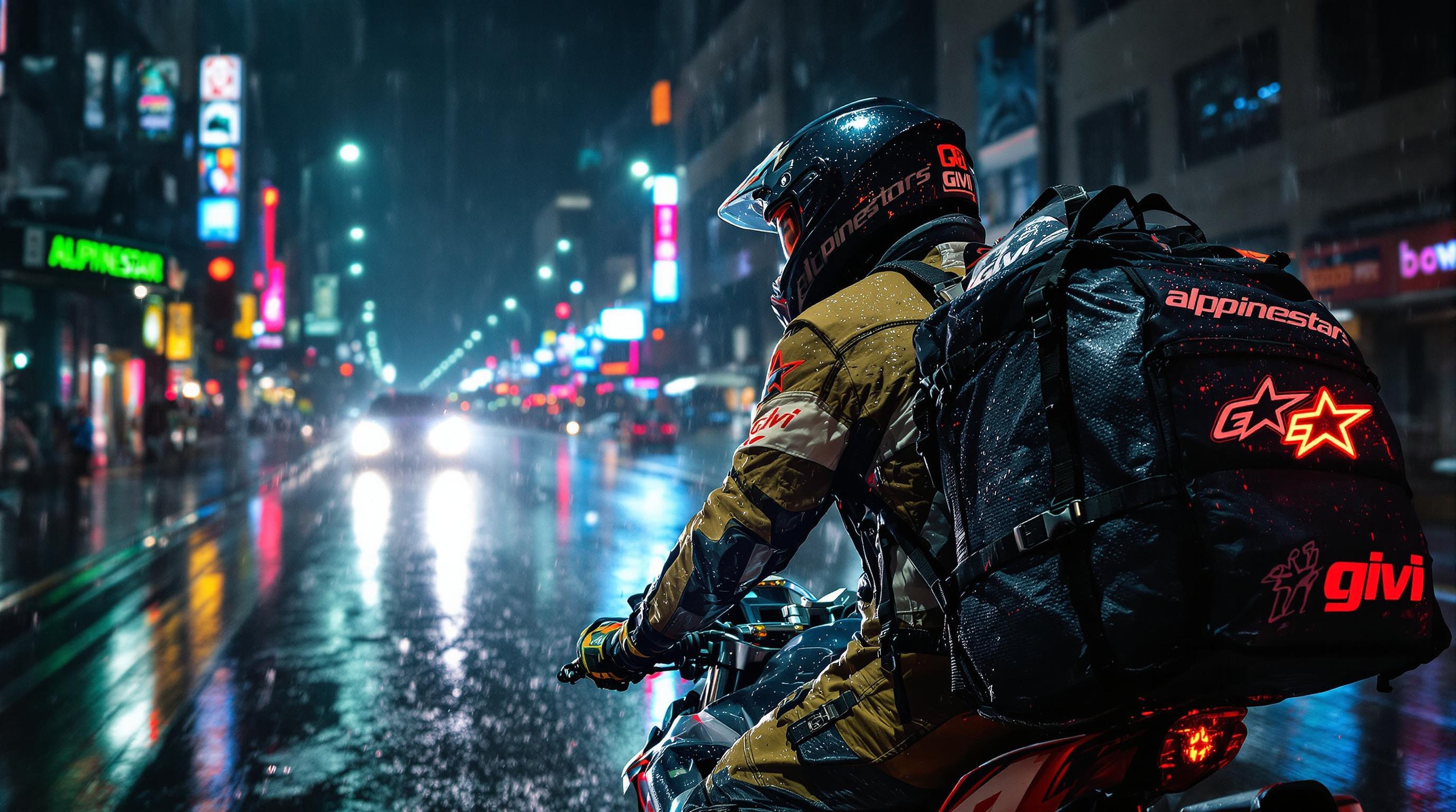 Motard baroudeur sous la pluie avec un sac étanche high-tech