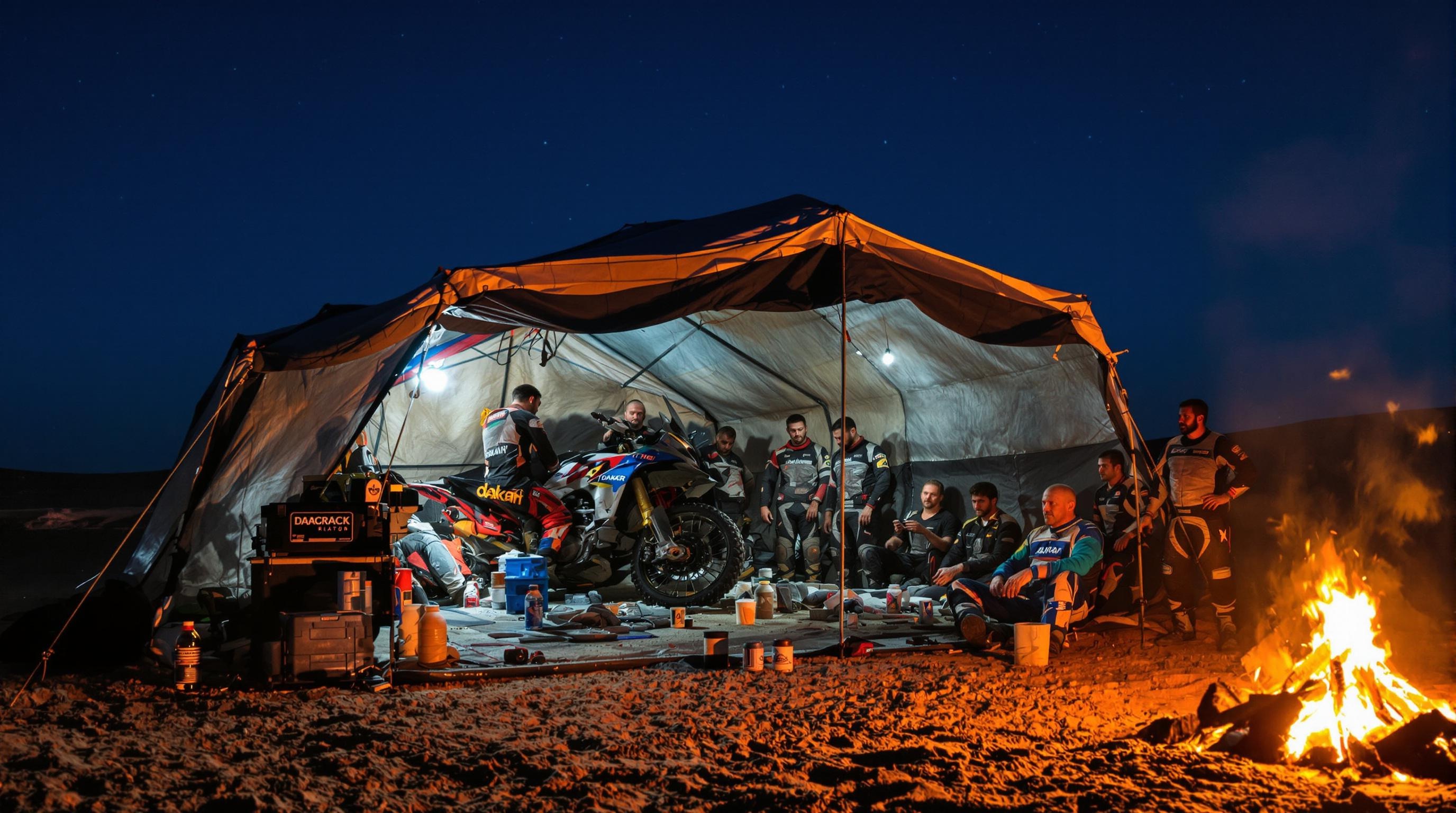Ambiance nocturne au bivouac du Dakar : réparation de moto, outils et feu dans le désert