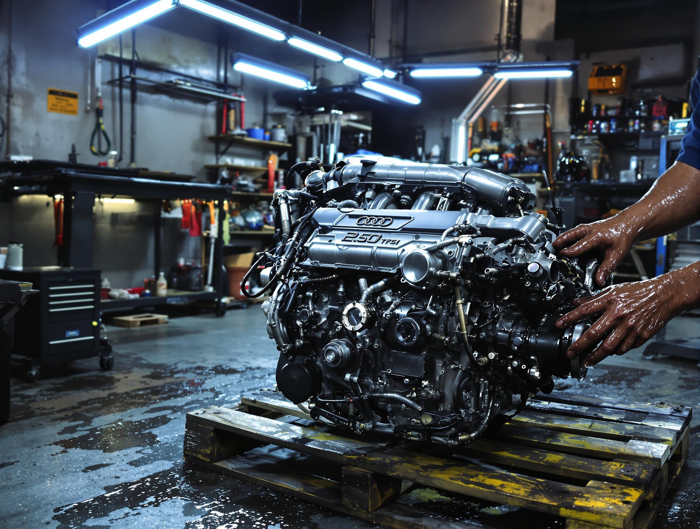 Bloc Audi 2.5 TFSI posé sur une palette dans un atelier éclairé par des néons, mains huileuses visibles