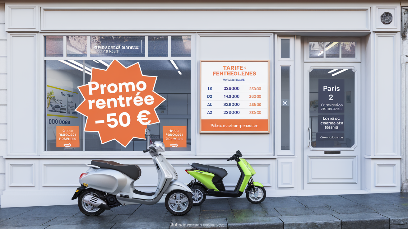 Auto-école avec affiche promotionnelle pour le BSR scooter et voiturette, tarifs régionaux.