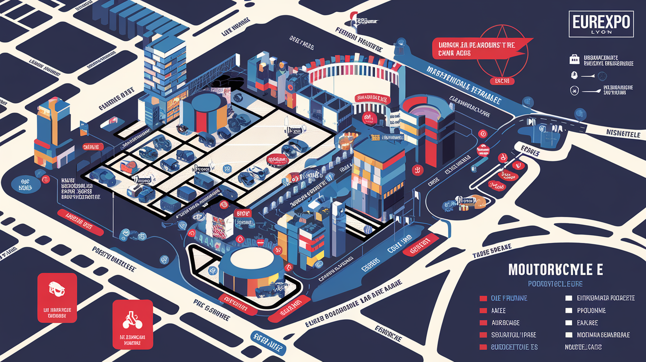 Carte schématique accès moto Eurexpo Lyon, zones parking et consignes PMR
