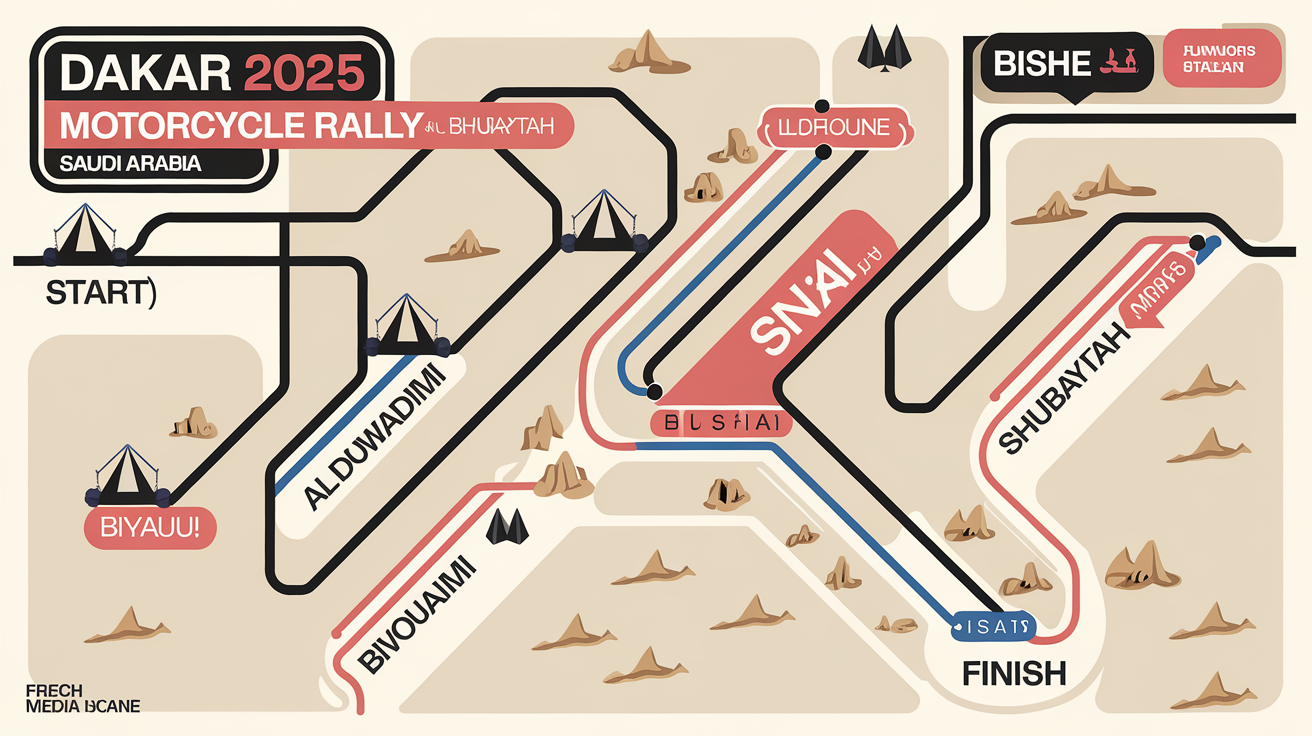 Carte imaginaire du parcours Dakar moto avec étapes et bivouacs en Arabie Saoudite