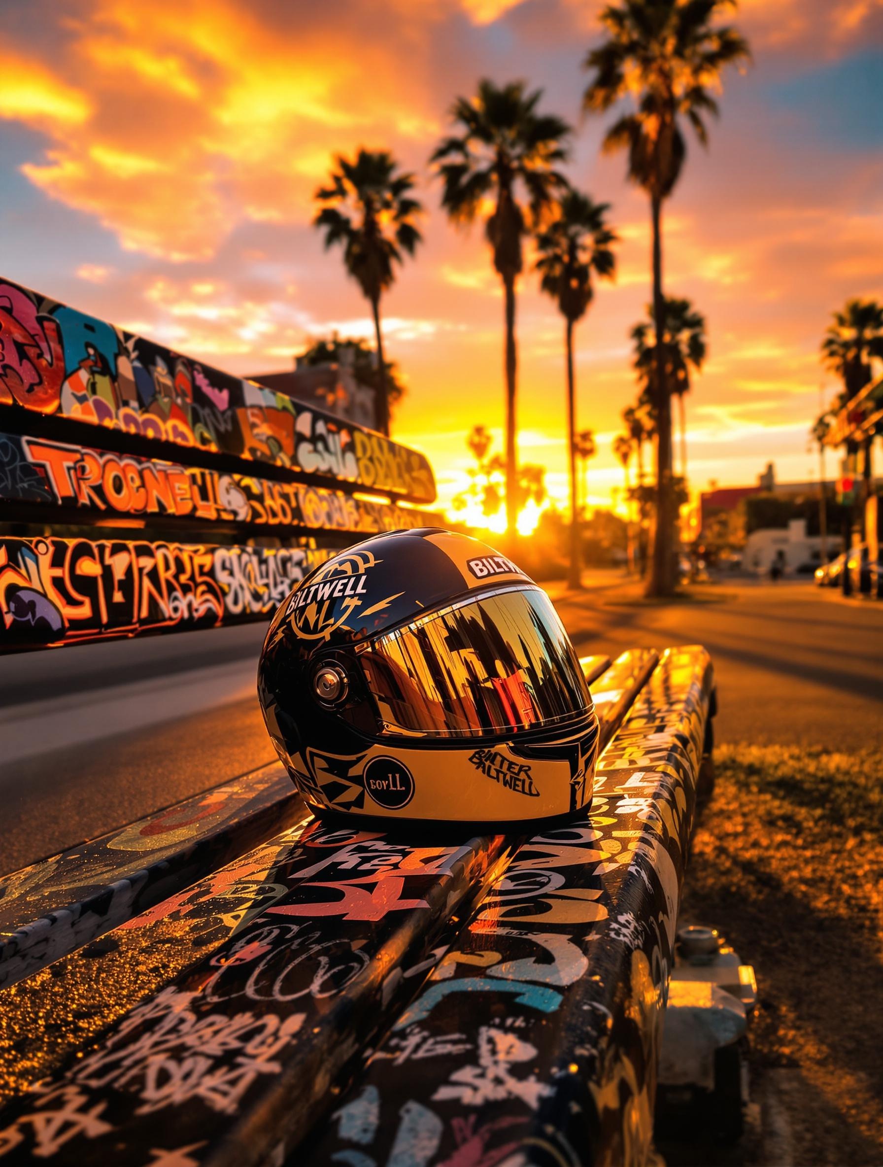 casque Biltwell posé sur un banc de skate, ambiance urbaine californienne