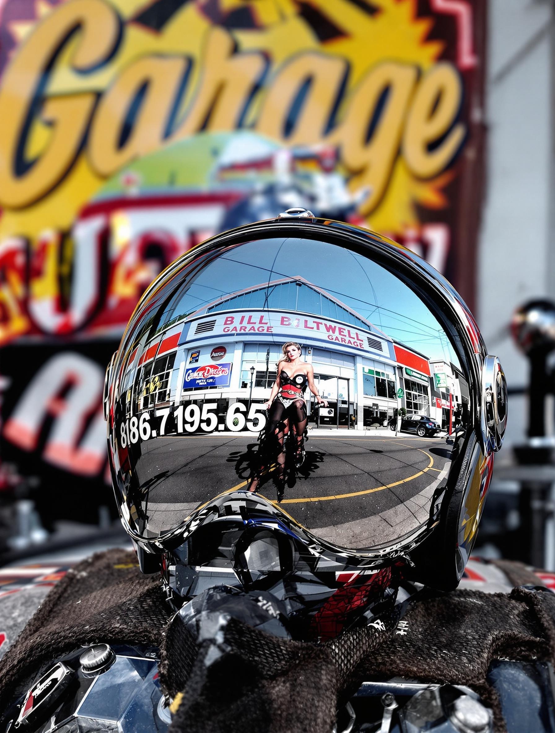 Casque Biltwell Gringo S avec visière bubble chromée posé devant une enseigne de garage vintage