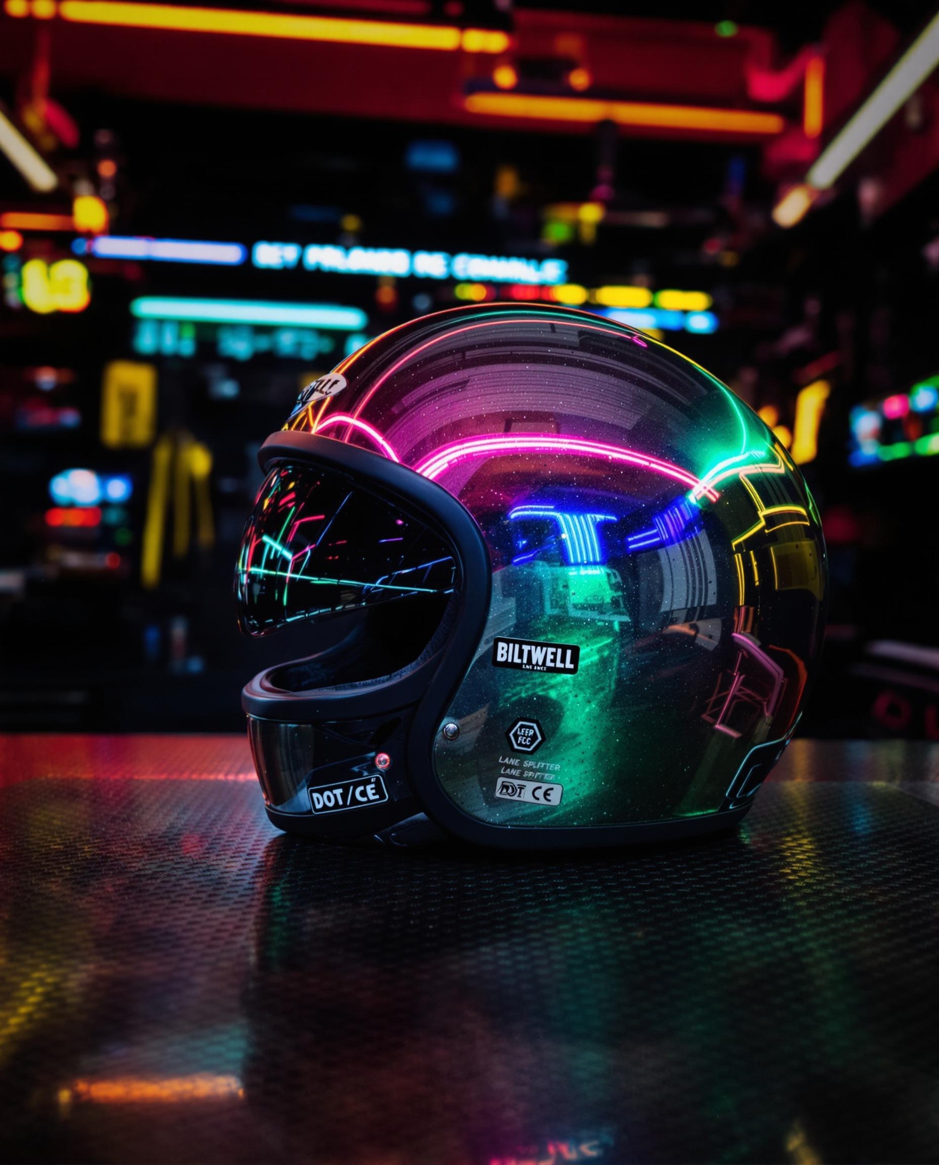 Casque Biltwell Lane Splitter intégral exposé sous néons dans un atelier mécanique