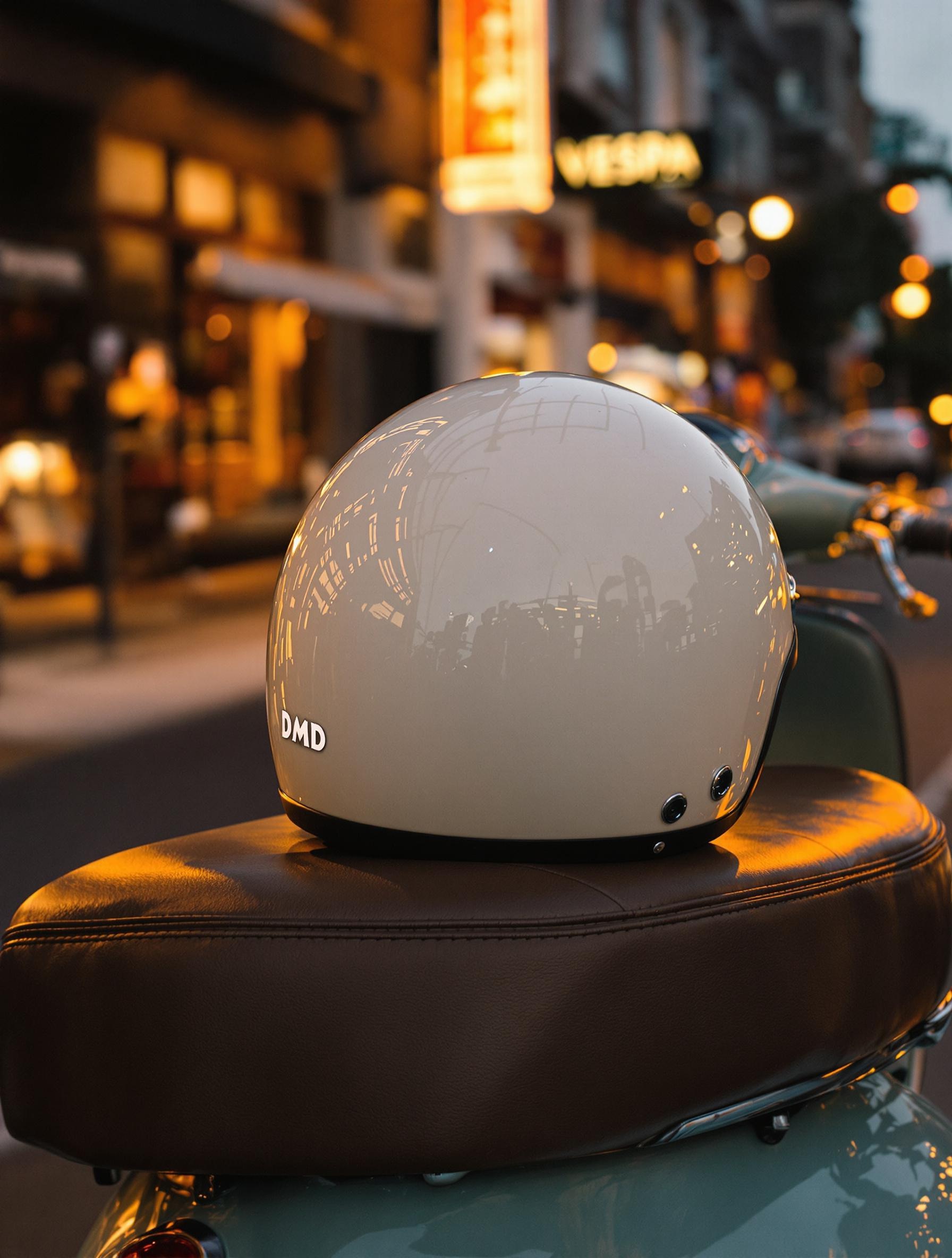 Casque DMD Seventy Five blanc cassé posé sur une selle de Vespa PX au crépuscule