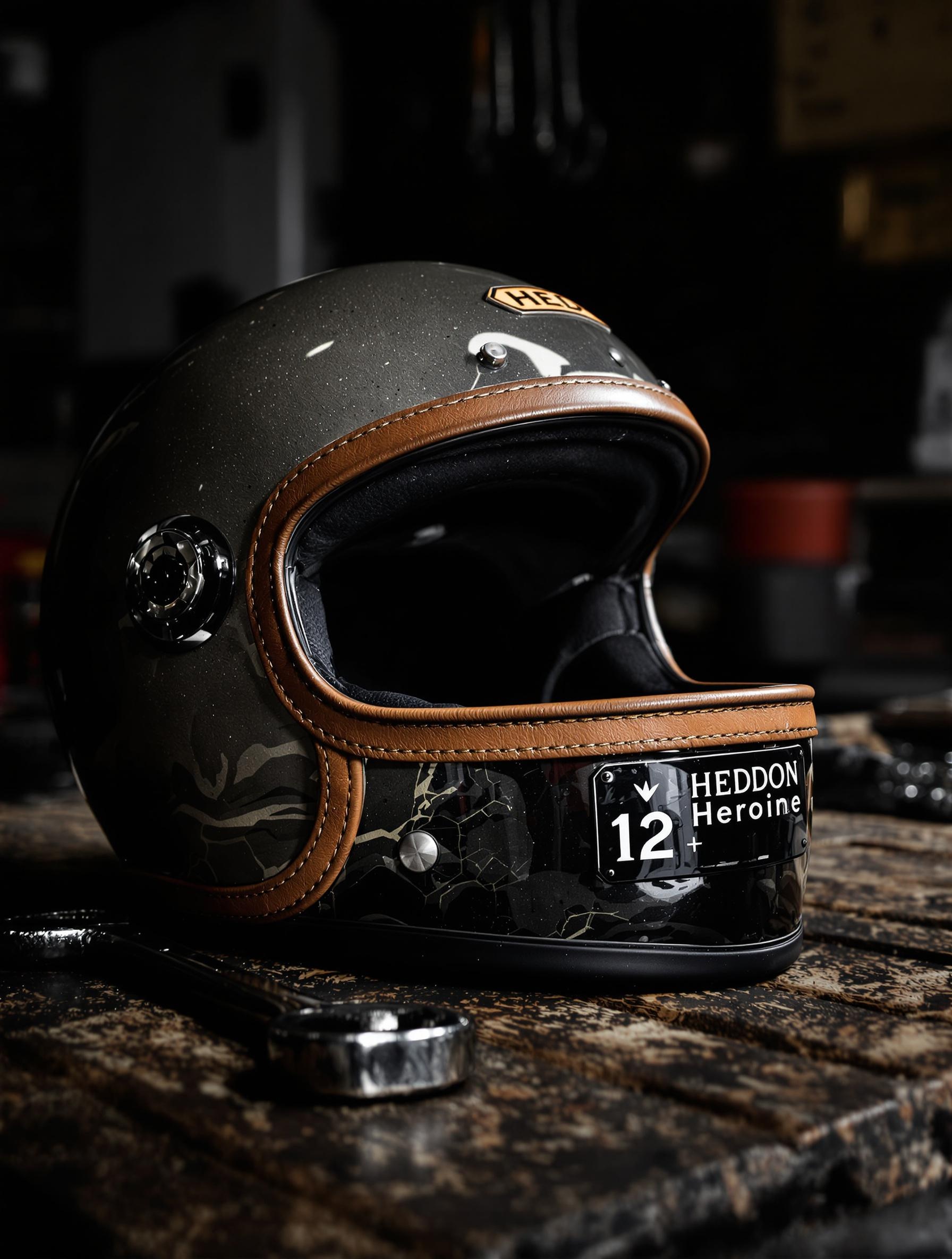 Casque Hedon Heroine Racer posé sur établi clé de 12 atelier vintage
