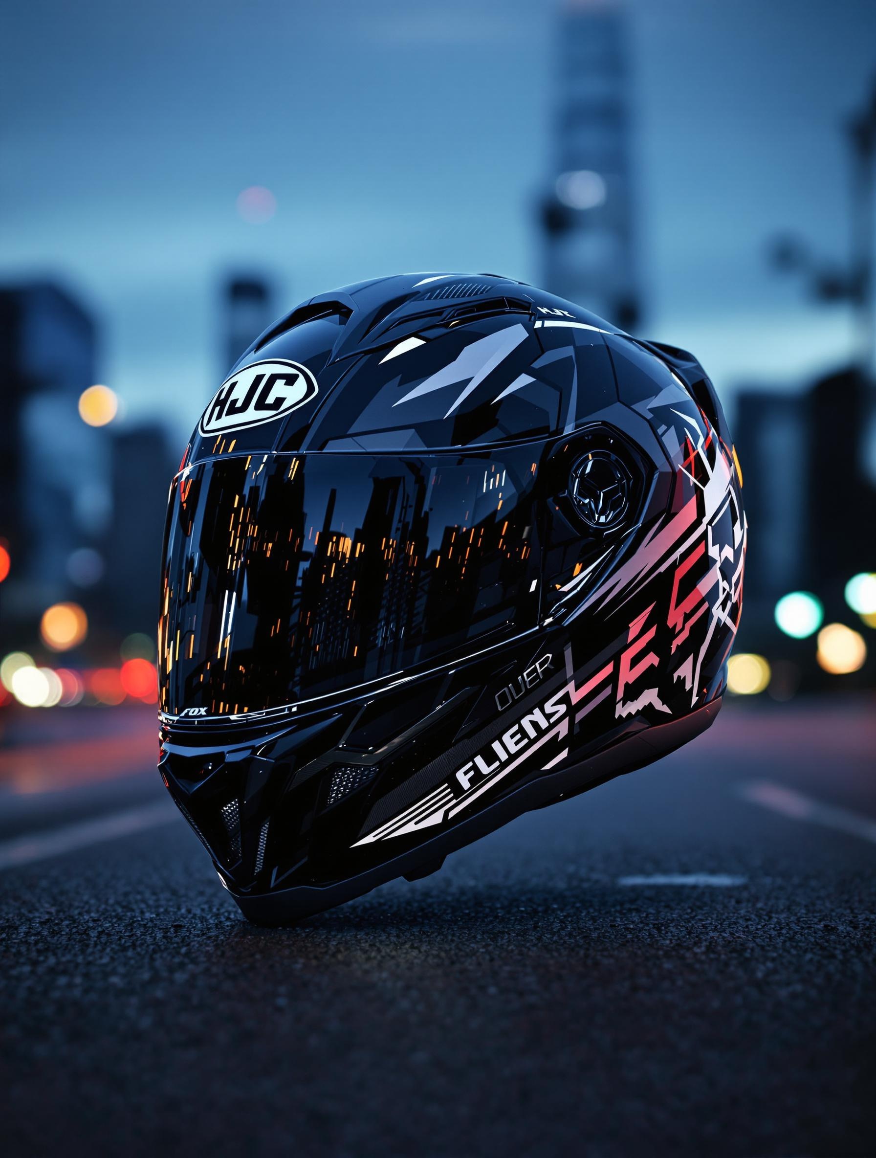 Casque HJC RPHA 11 Aliens FOX, design futuriste, fond urbain, aérations précises.
