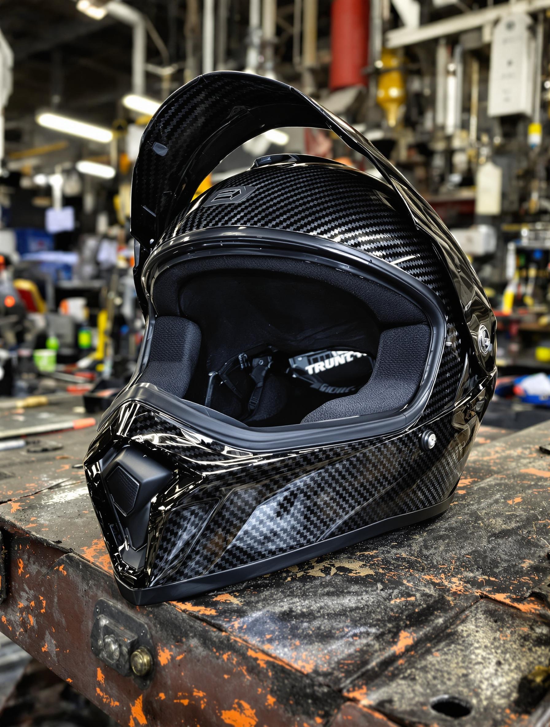 Casque intégral full carbone sur établi d’atelier, visière levée
