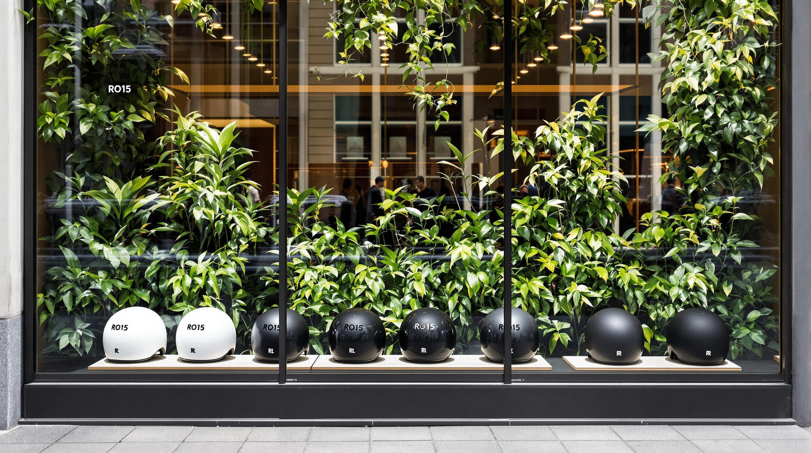 Casques RO15 Bamboo alignés devant vitrine urbaine Lille/Amiens