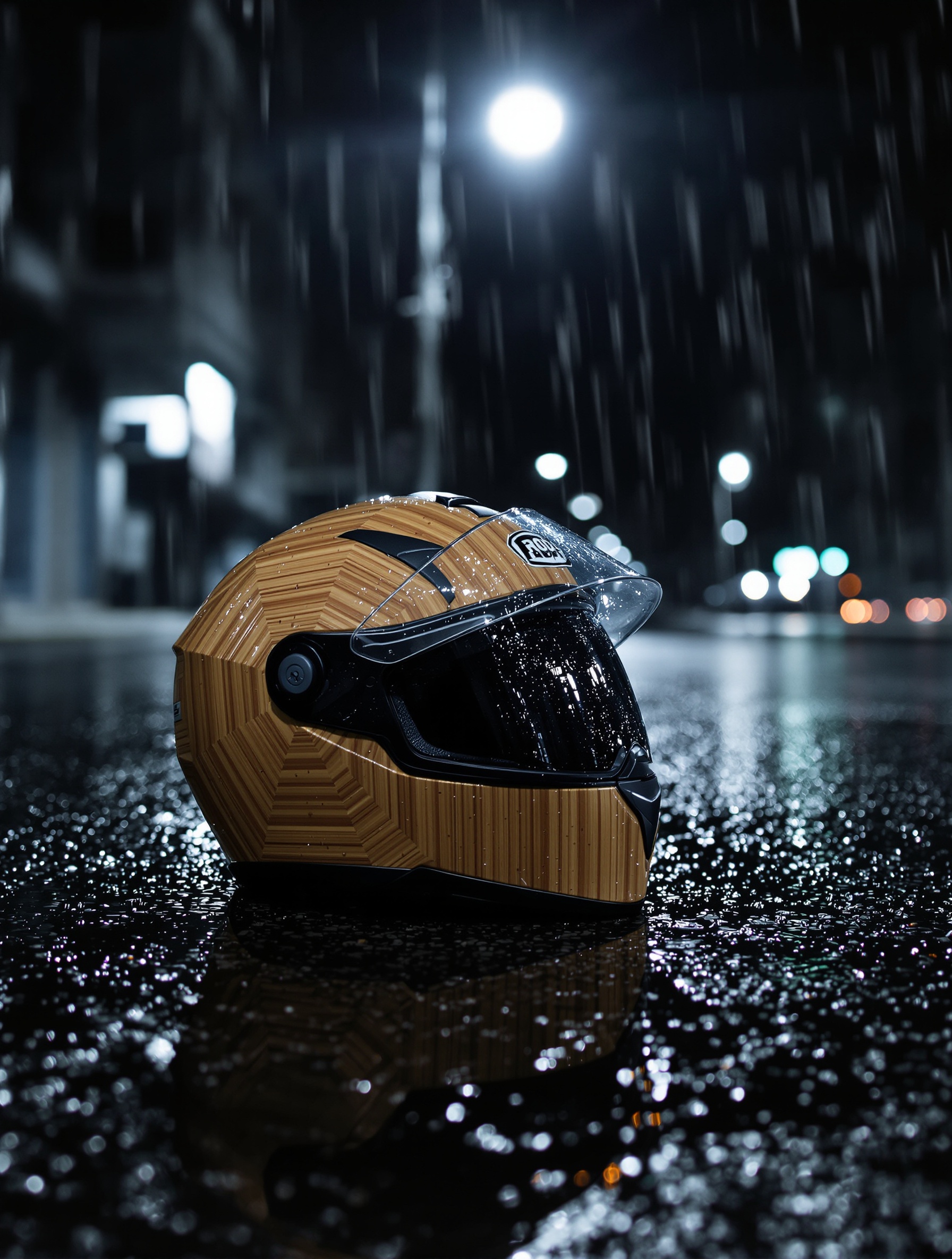 Casque ROOF RO15 Bamboo posé sur bitume mouillé sous réverbère urbain