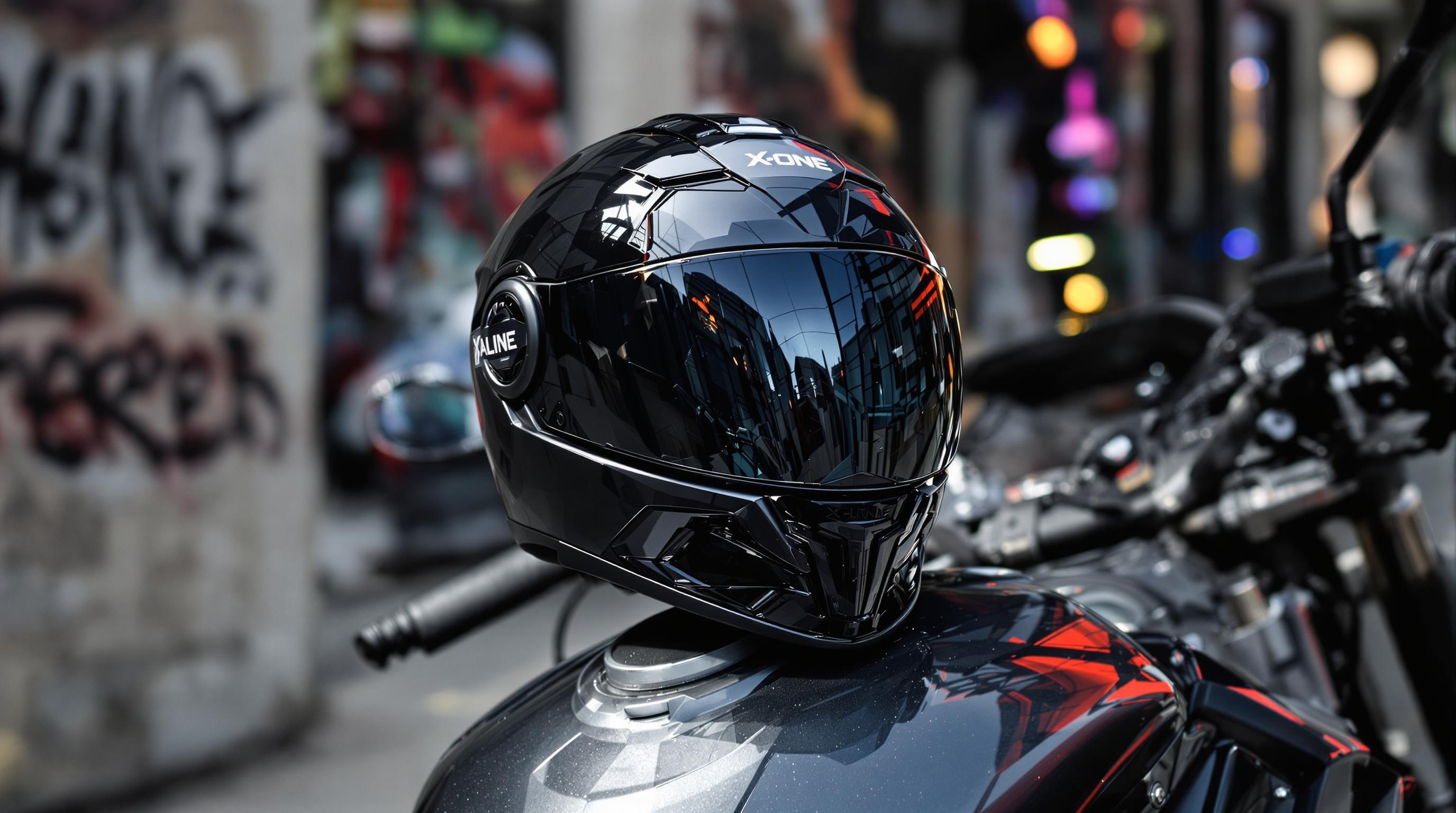 Casque X-One ‘Alien’ XL posé sur un réservoir urbain, style agressif.