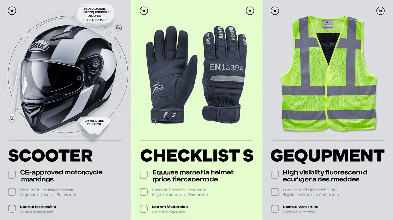 Checklist visuelle équipement scooter obligatoire 2024 casque moto homologué CE gants EN13594 gilet fluo prix moyens euros