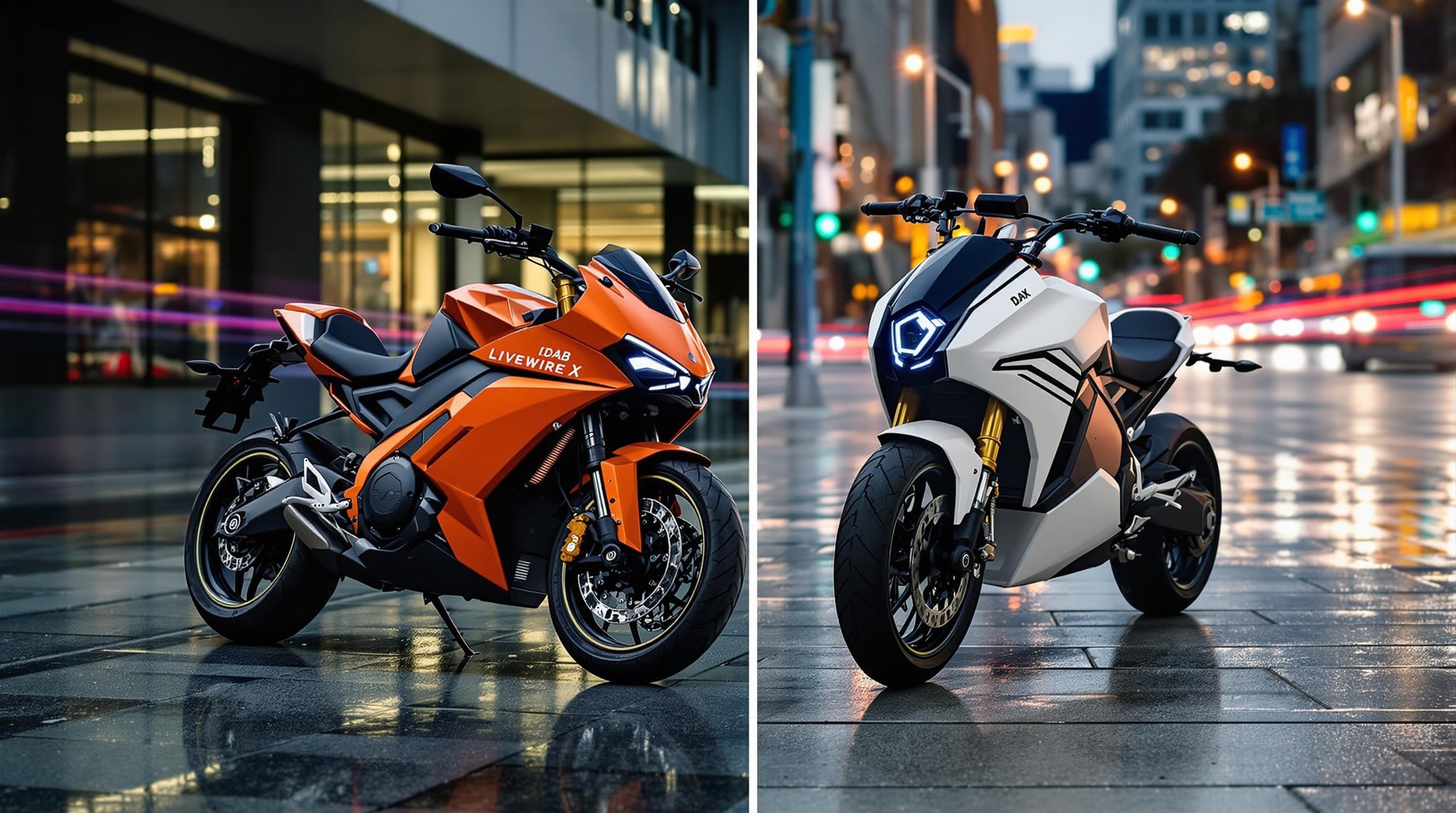 Comparaison des motos électriques LiveWire et DAB 1αX, design moderne dans un environnement urbain