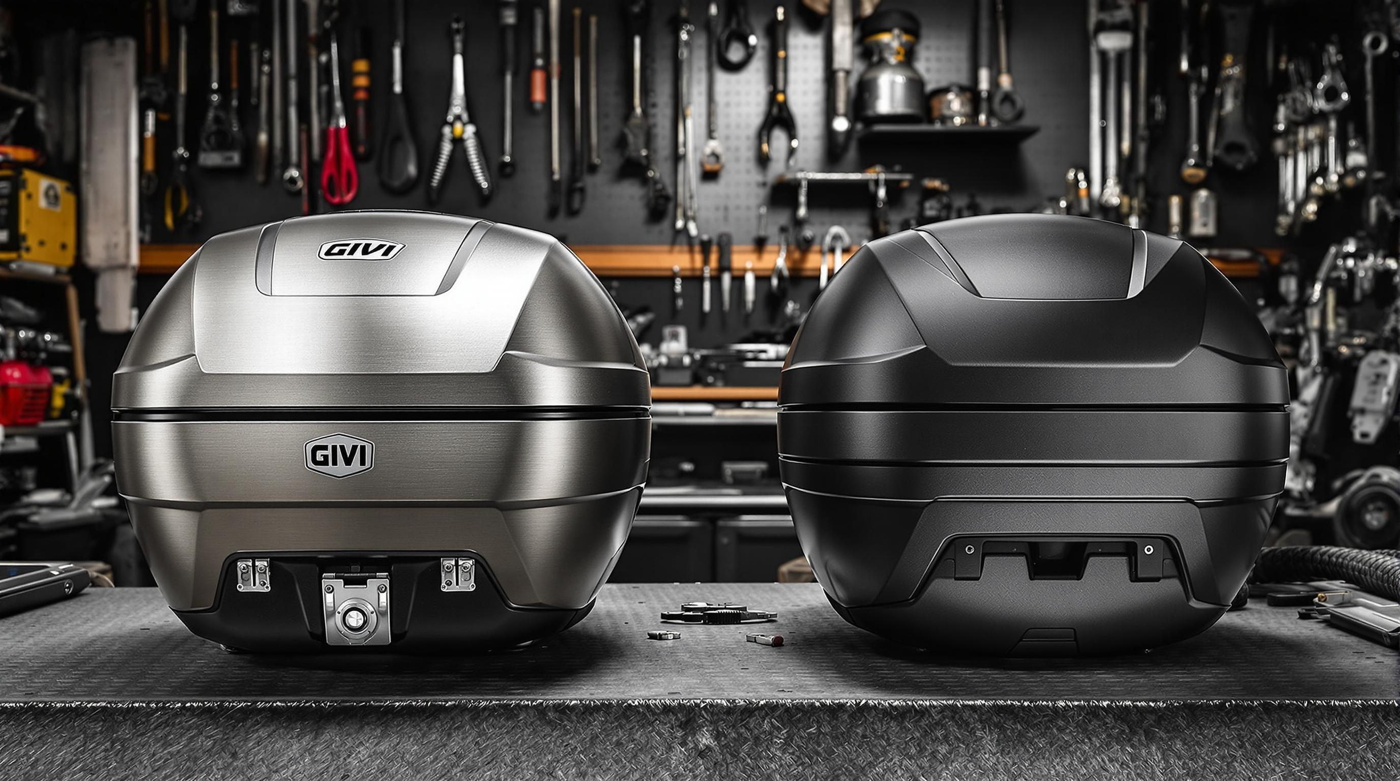 Comparaison entre un top case Givi en aluminium et en plastique sous un éclairage d’atelier