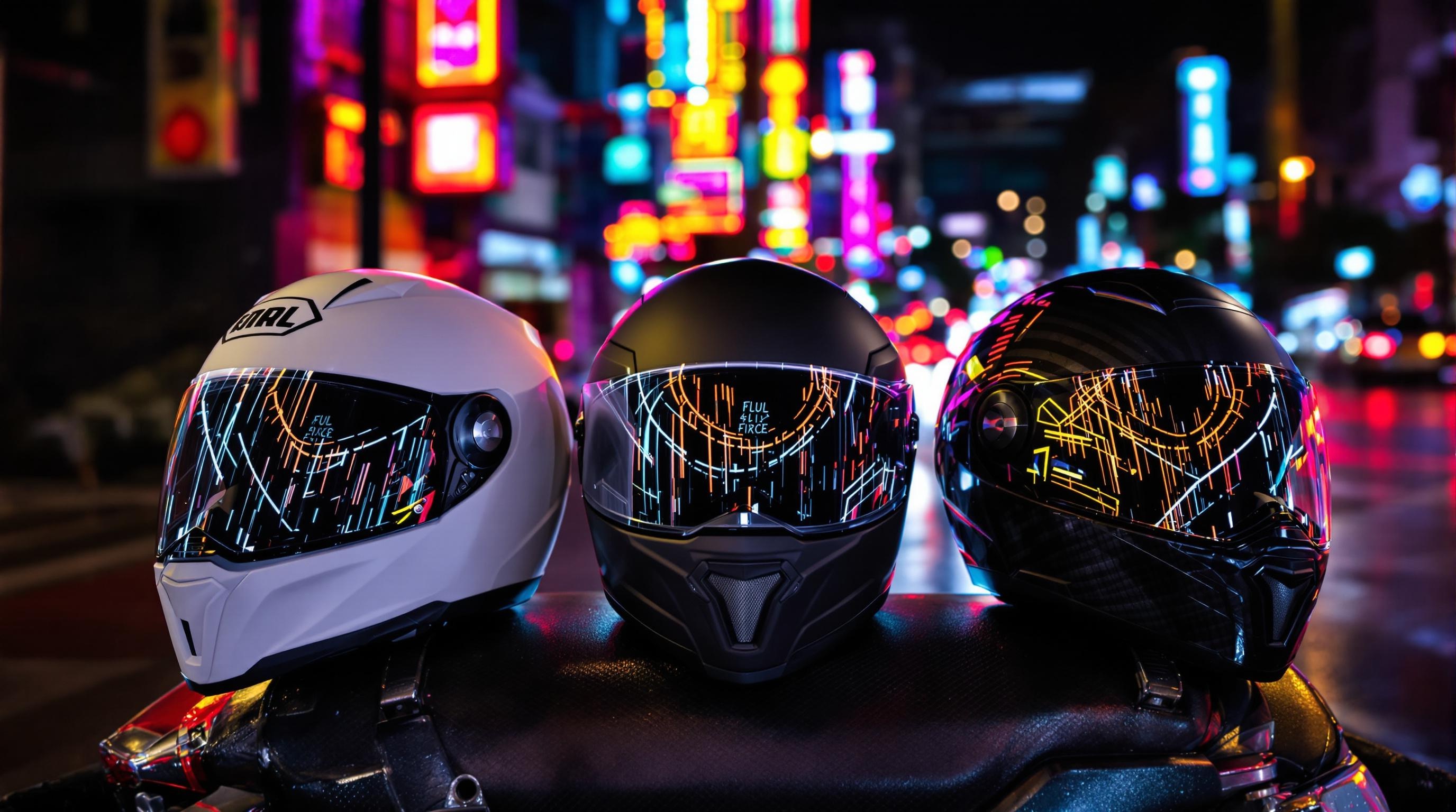 Comparatif dynamique de trois casques moto Helmet récents (intégral, modulable, jet), posés sur une selle de scooter, ambiance urbaine nocturne