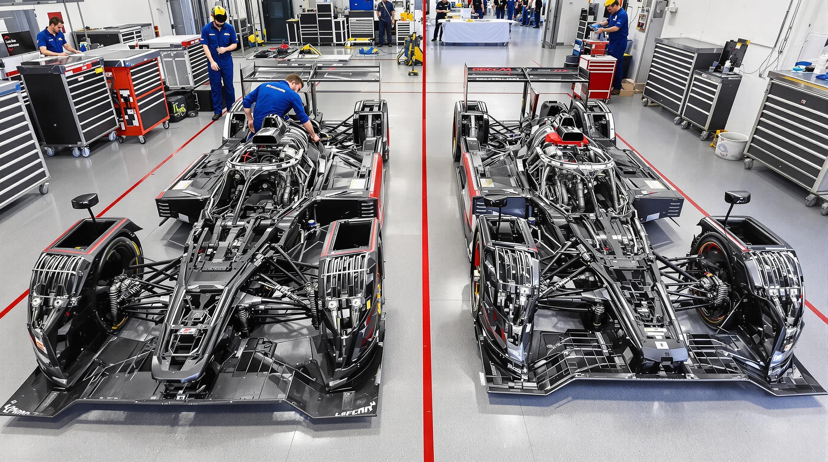 Comparatif visuel châssis et moteur Oreca 07 LMP2 et Ligier JS P320 LMP3, garage Le Mans avec mécano au travail