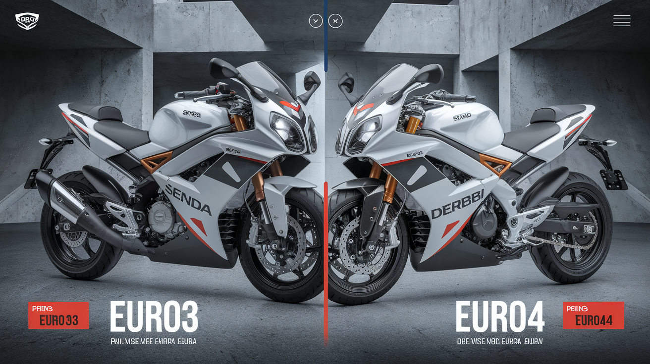 Comparatif visuel des modèles Derbi Senda 50cc Euro3 et Euro4 avec étiquettes de prix
