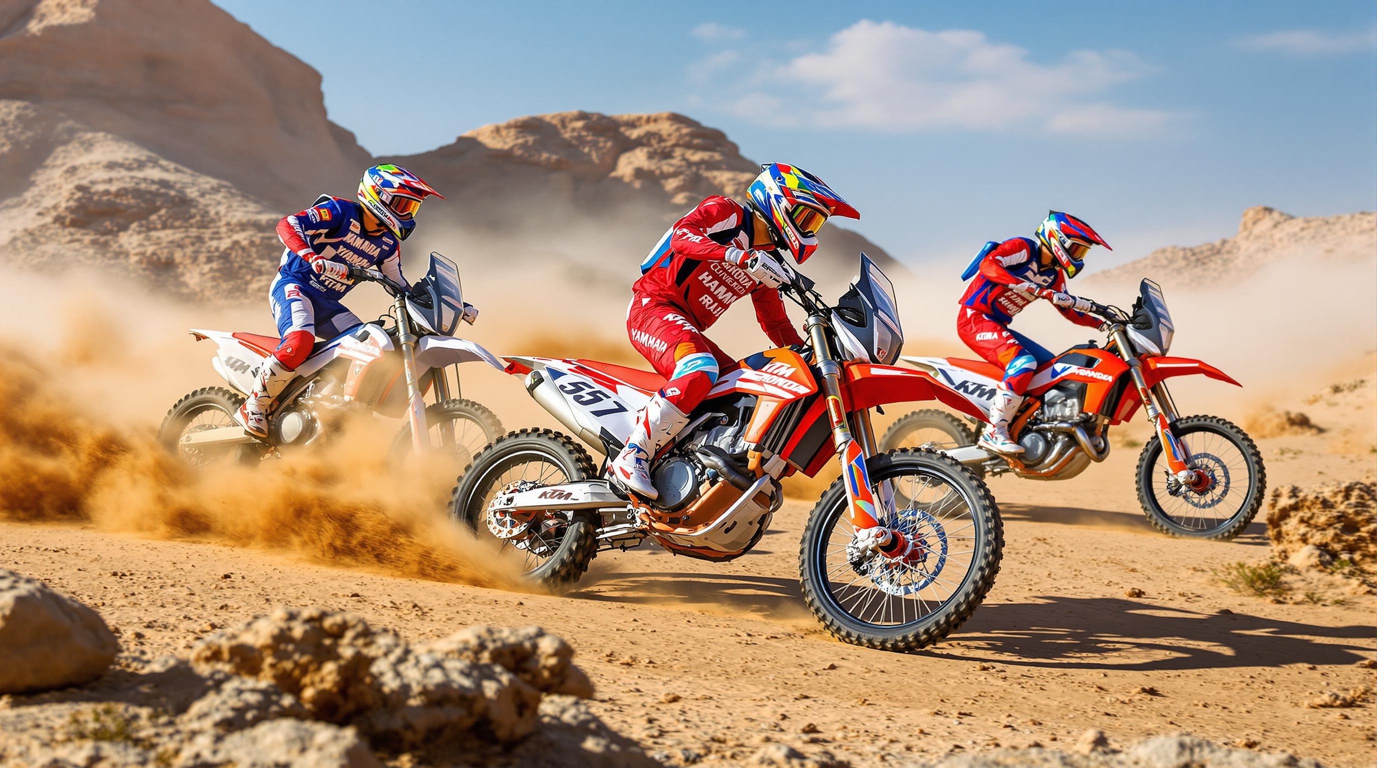Comparatif des motos Dakar : Yamaha, Honda, KTM sur terrain sable