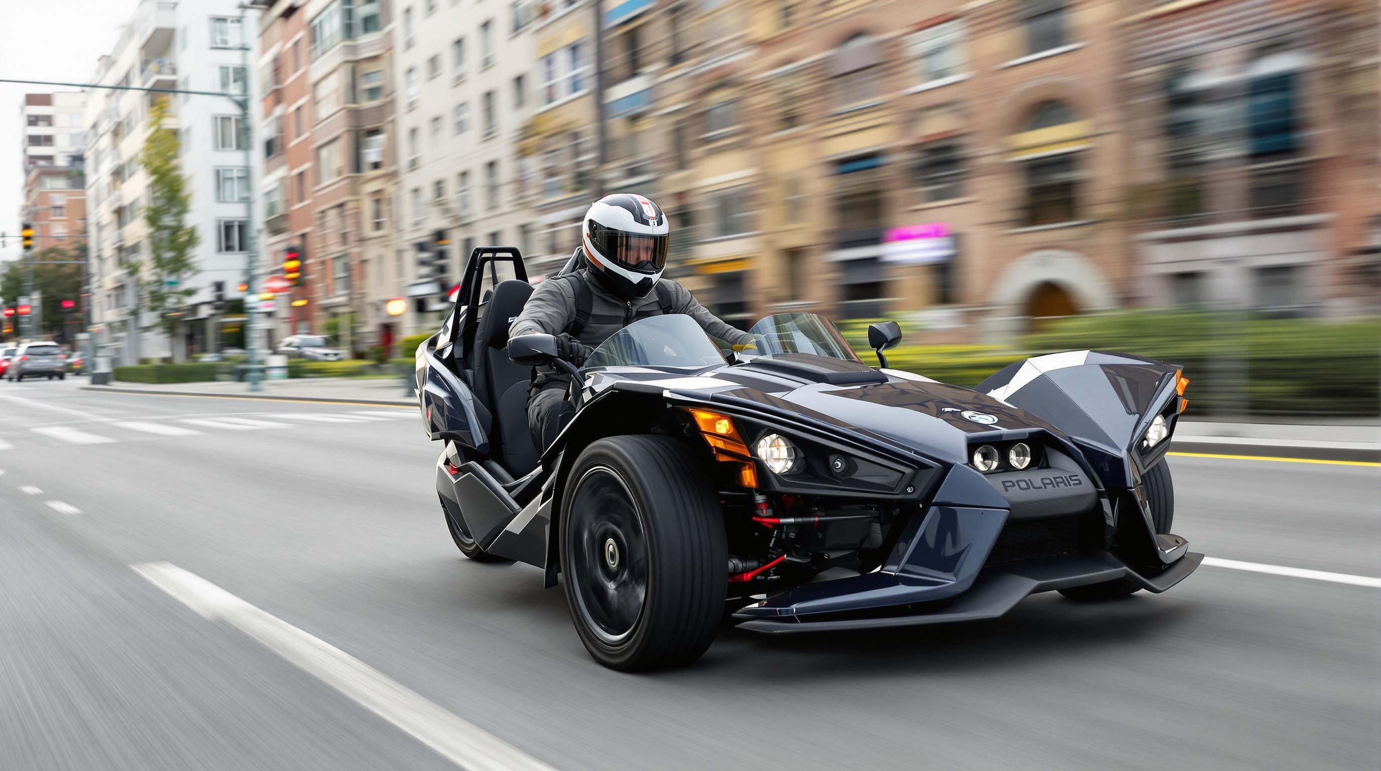 Conducteur de Polaris Slingshot avec casque et équipement de sécurité en milieu urbain
