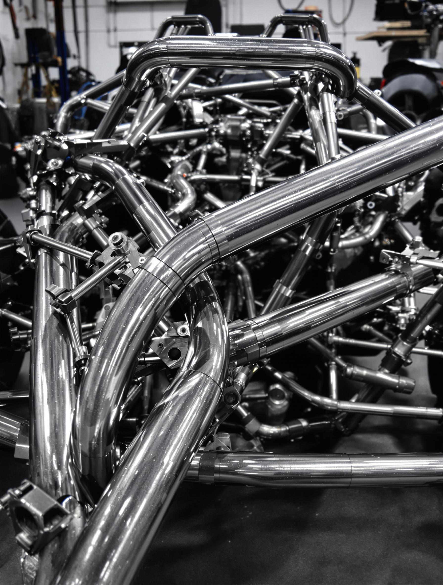 Châssis tubulaire du Polaris Slingshot dans un atelier mécanique