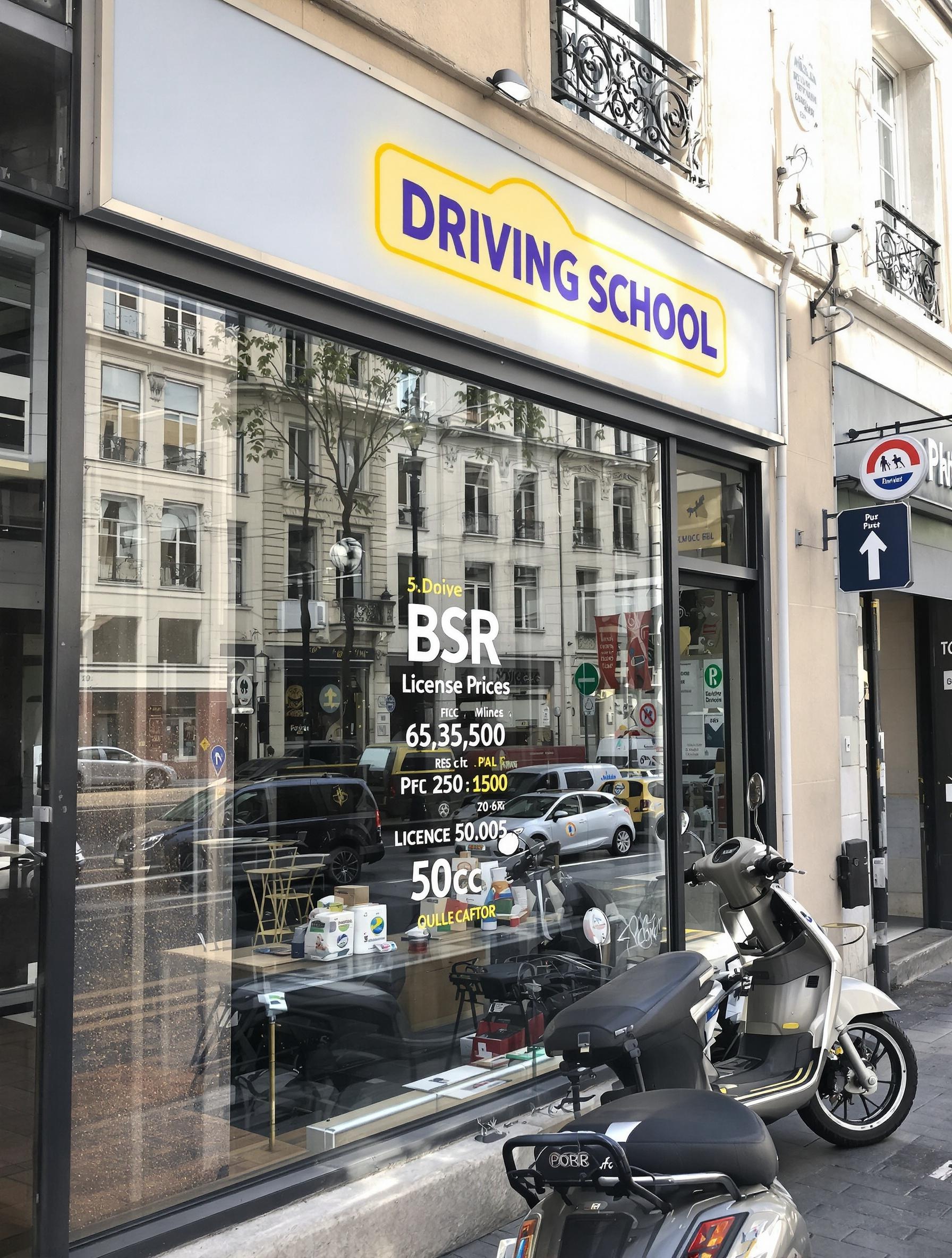 Devanture d’une auto-école parisienne avec tarifs BSR en vitrine et scooter garé devant.