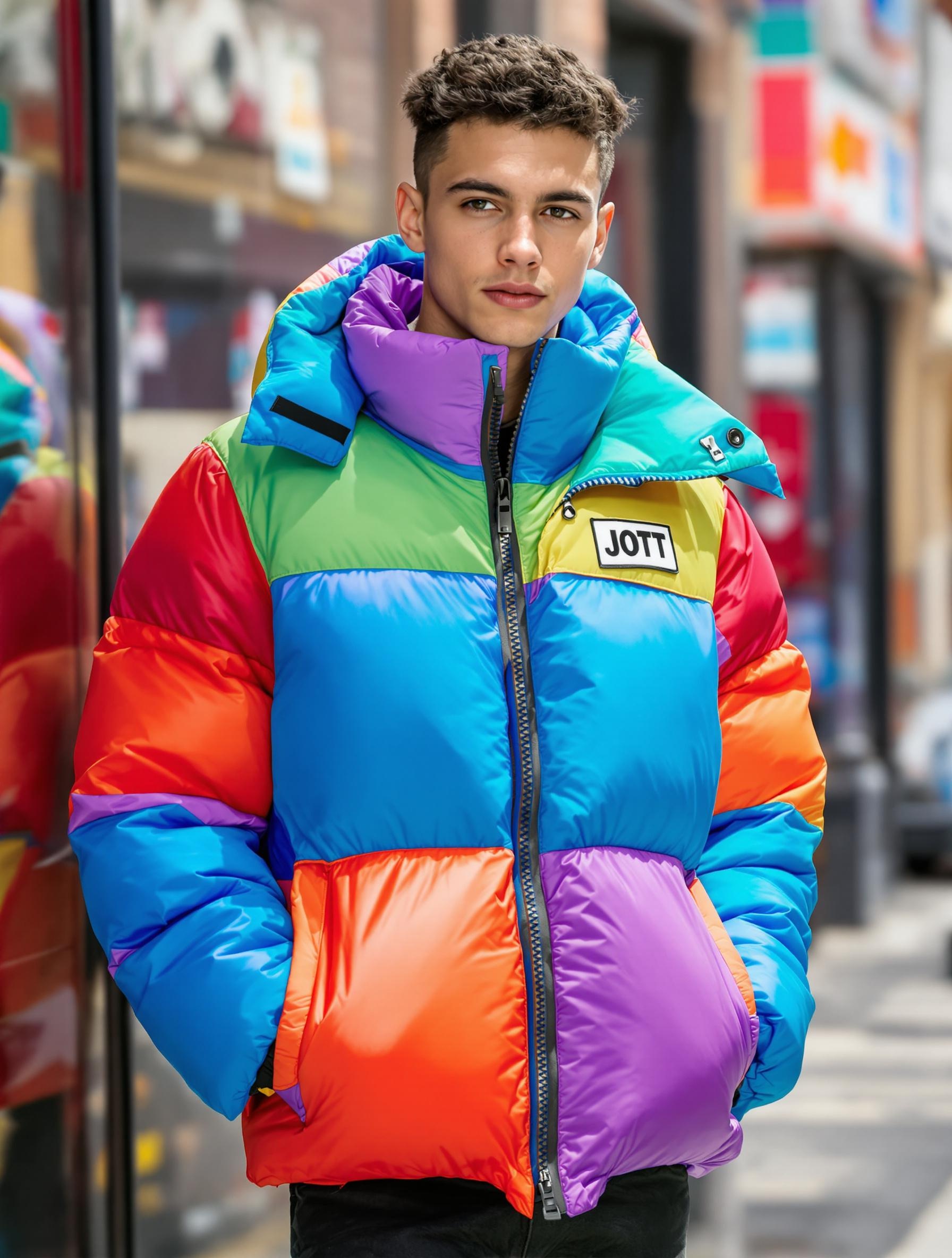Doudoune JOTT colorée portée par un mannequin urbain, sans protections CE visibles.