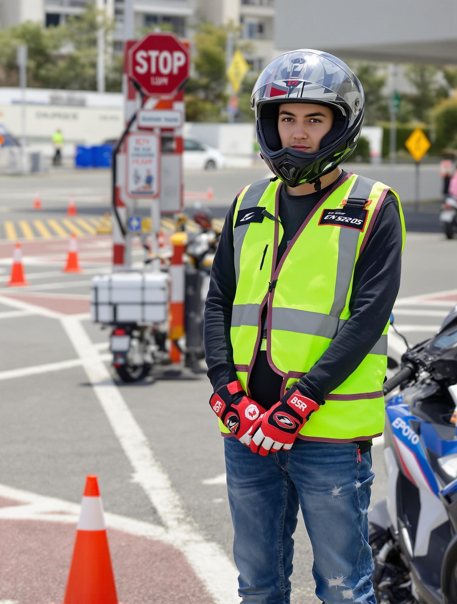 Élève en formation BSR sur scooter, équipé d’un casque homologué, de gants EN13594 et d’un gilet fluo.