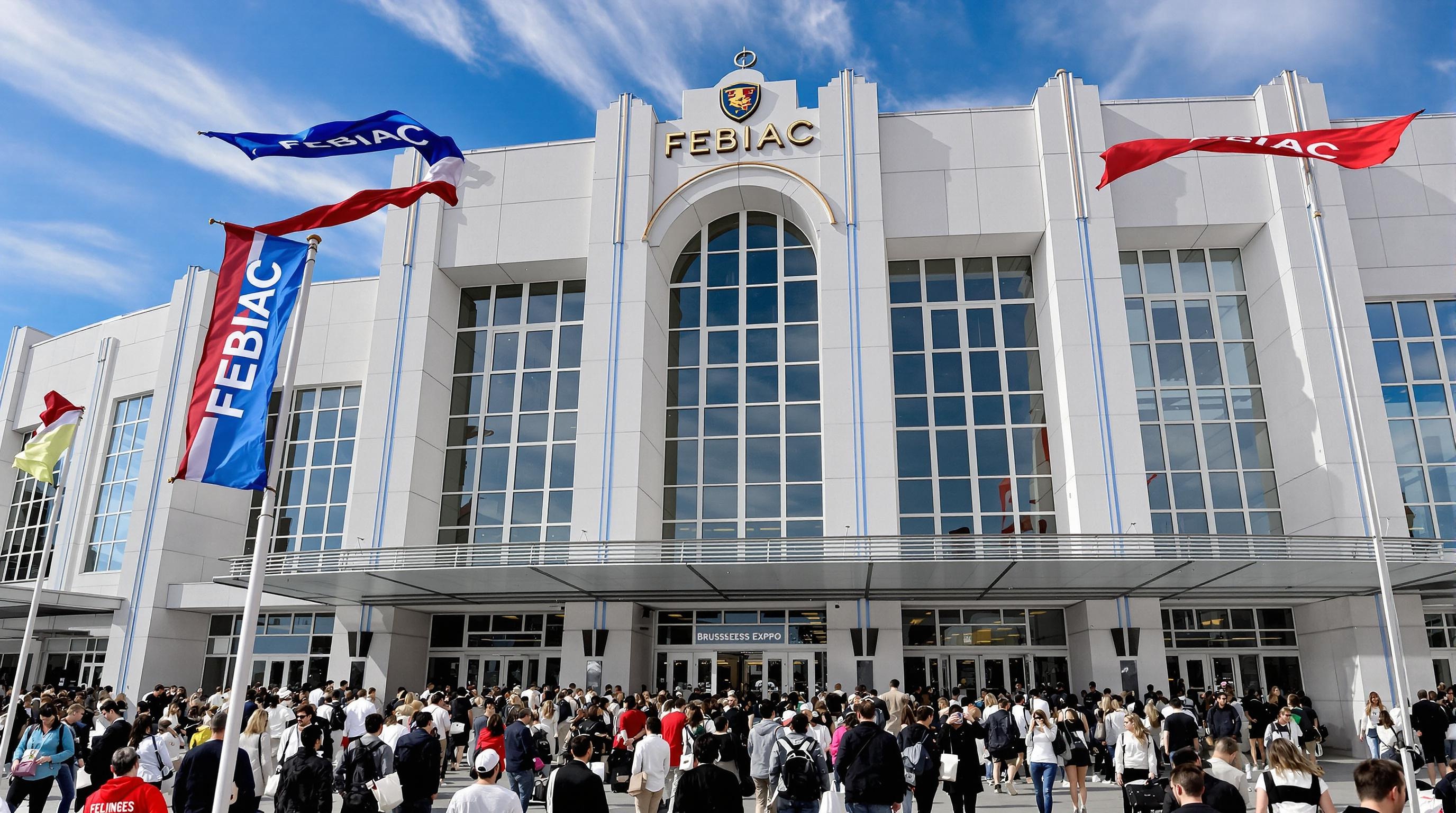 Entrée principale du Brussels Motor Show 2025 avec foule matinale et drapeaux FEBIAC