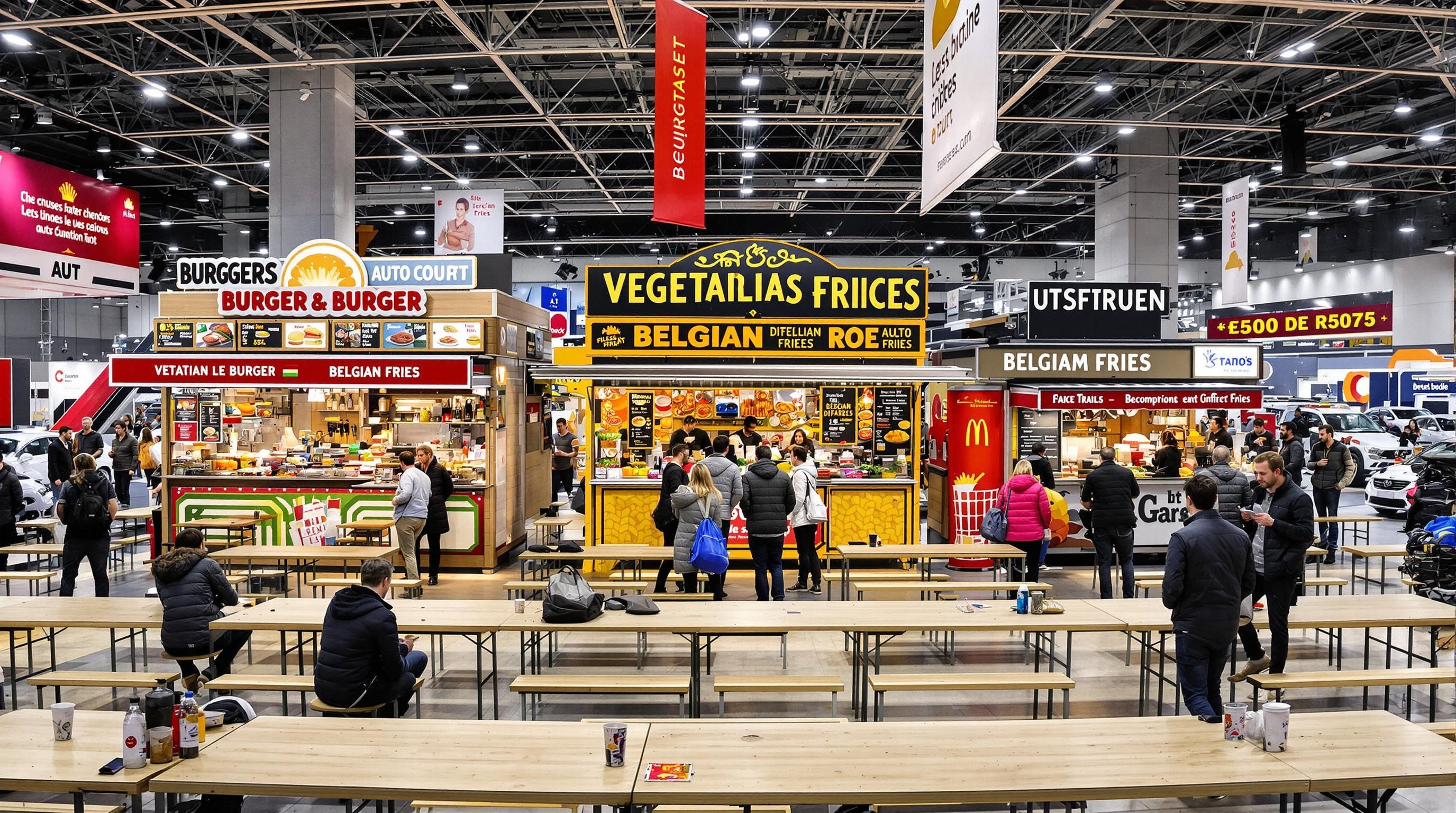 Food court du Brussels Motor Show 2025 avec burgers, frites et wraps