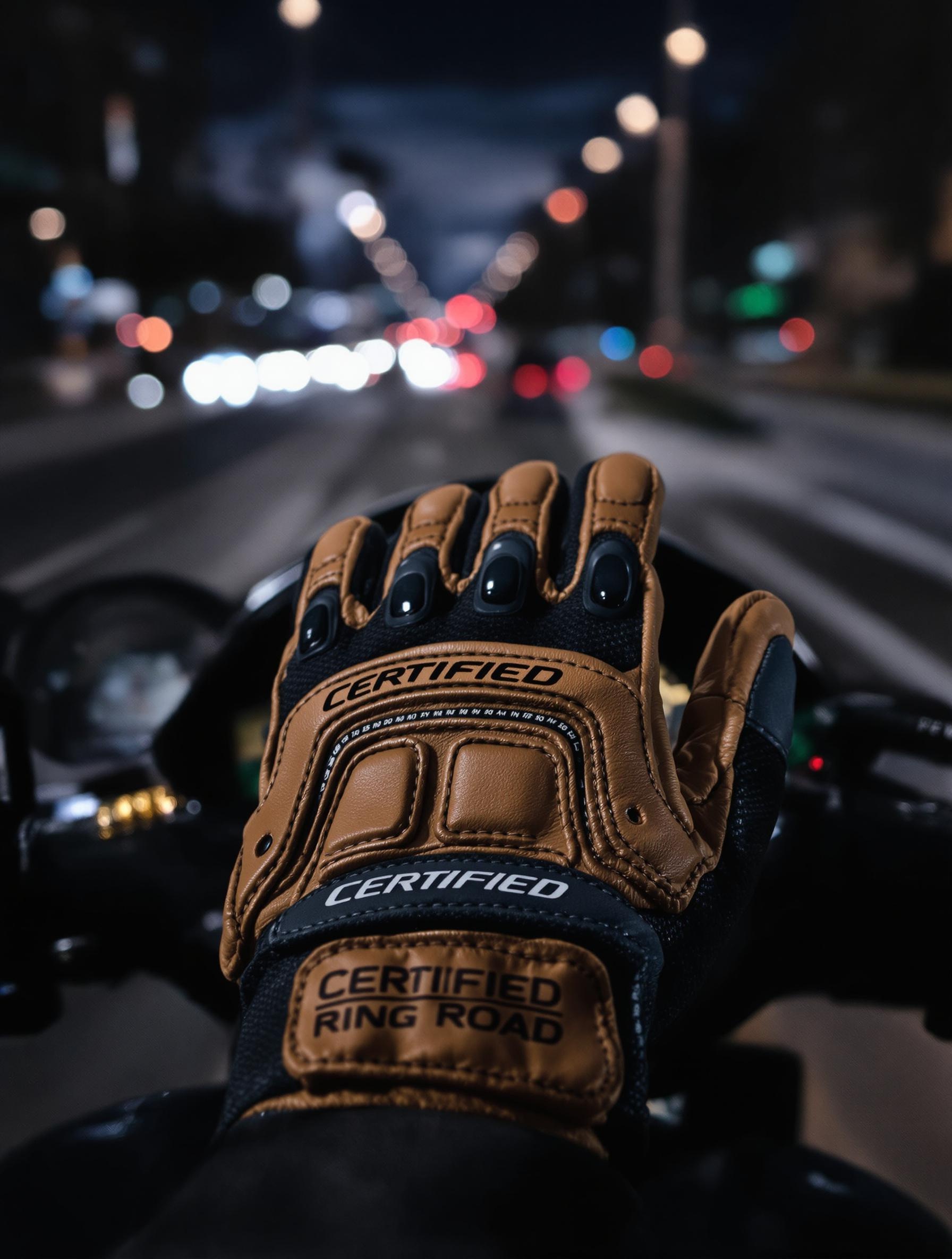 Gants scooter homologués sur tableau de bord urbain de nuit