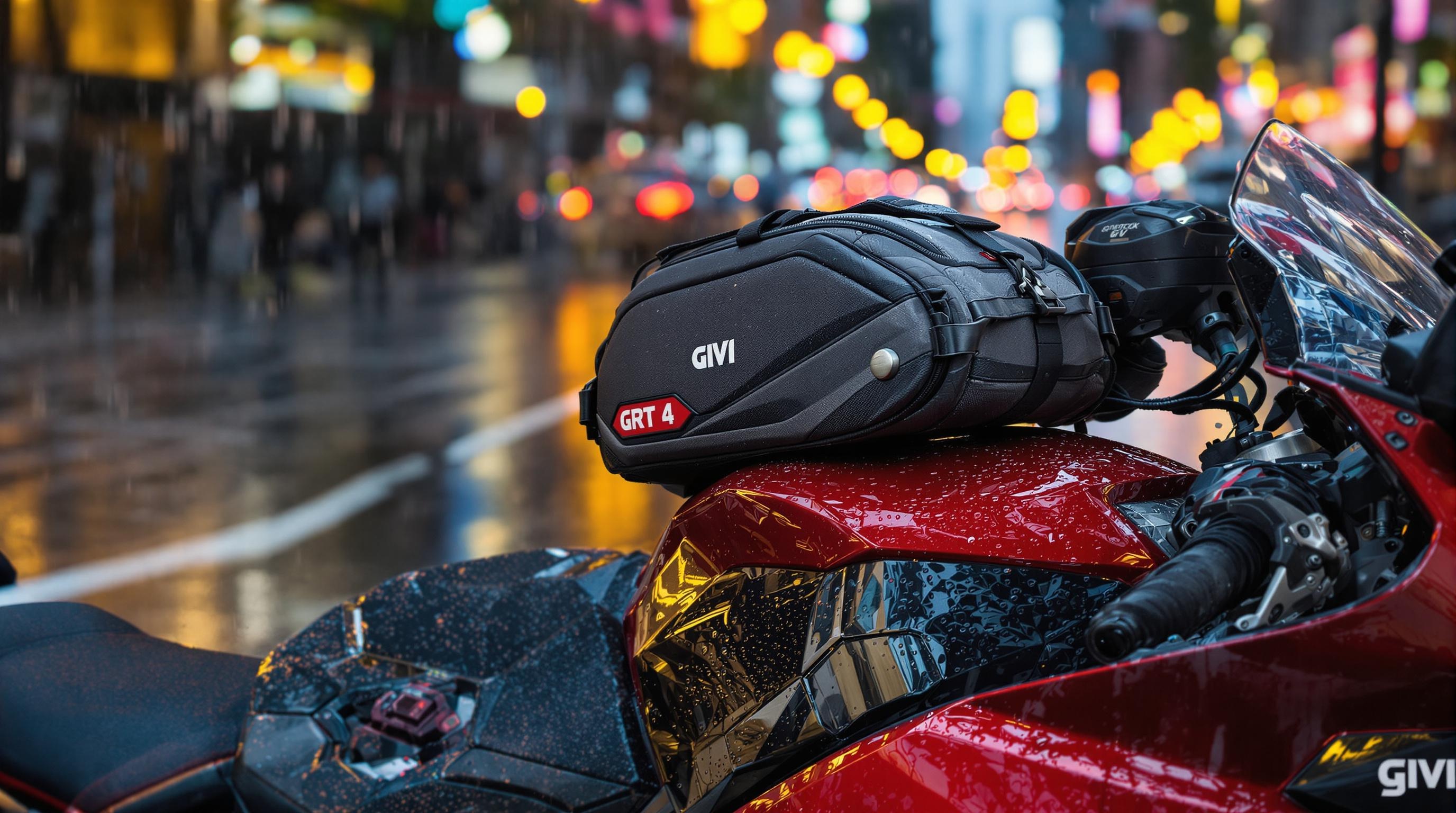 Sac GIVI GRT712B 40L monté sur une Aprilia RSV4 sous la pluie