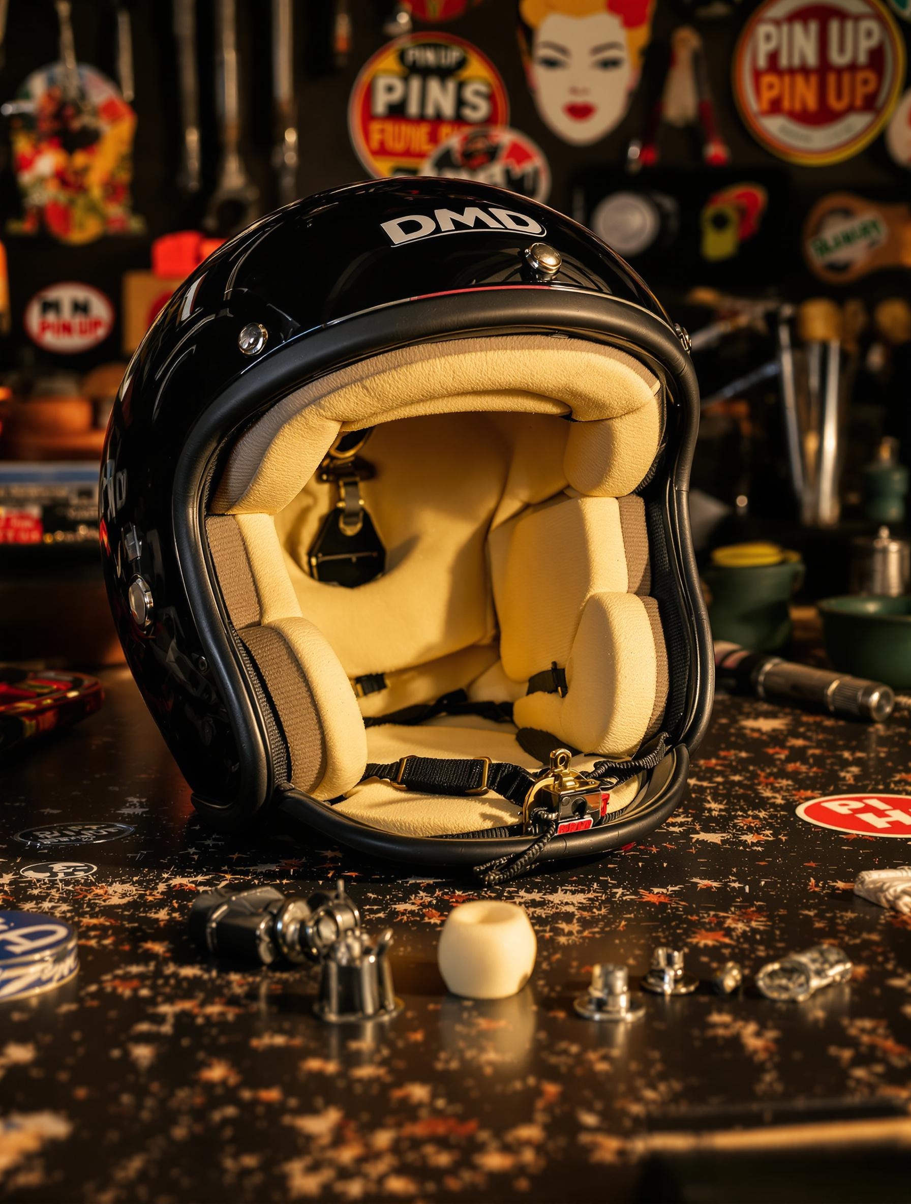 Gros plan sur intérieur démontable casque DMD vintage mousse clips système micrométrique jugulaire établi rétro