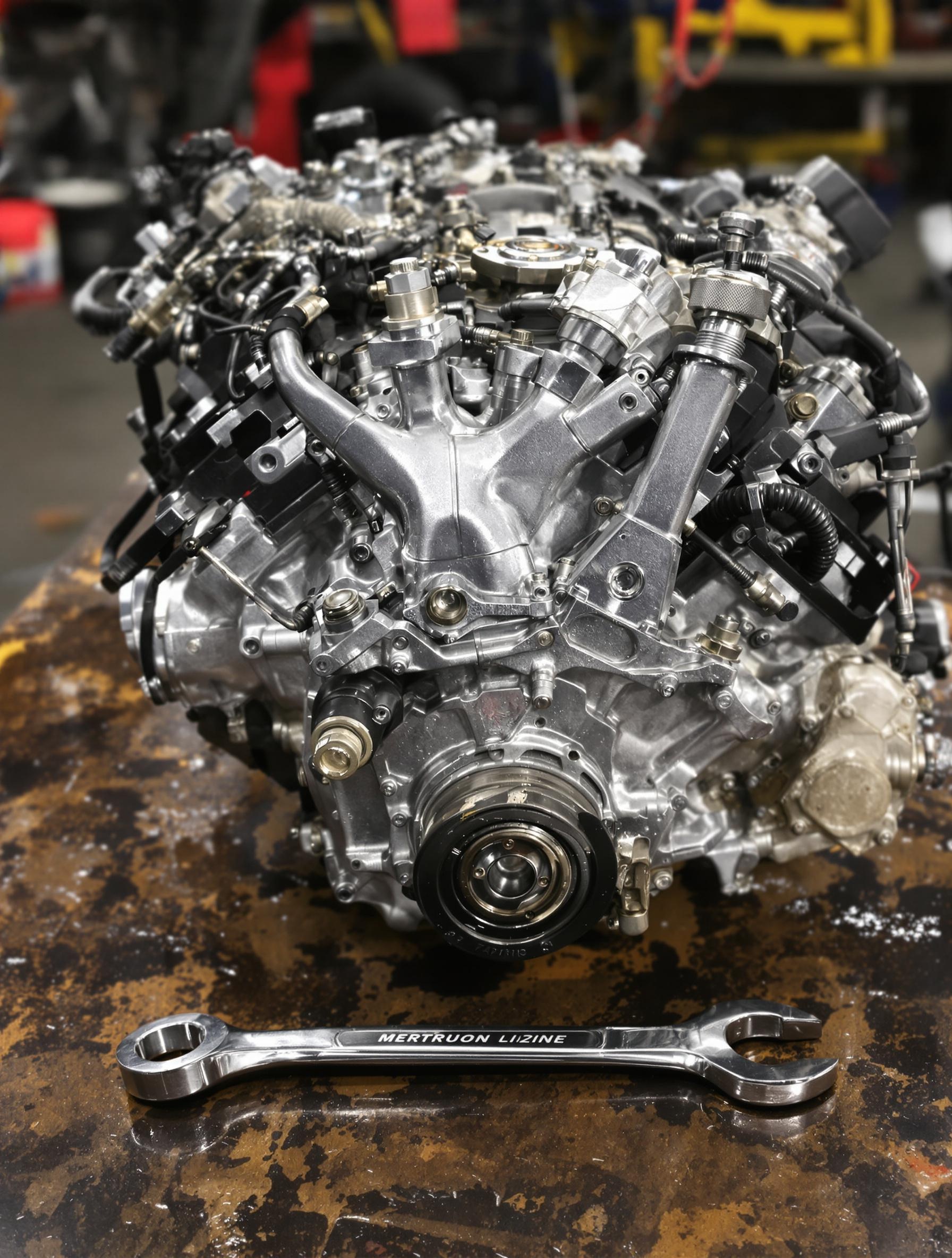 Photo d’un moteur 4 cylindres en ligne posé sur un établi huileux