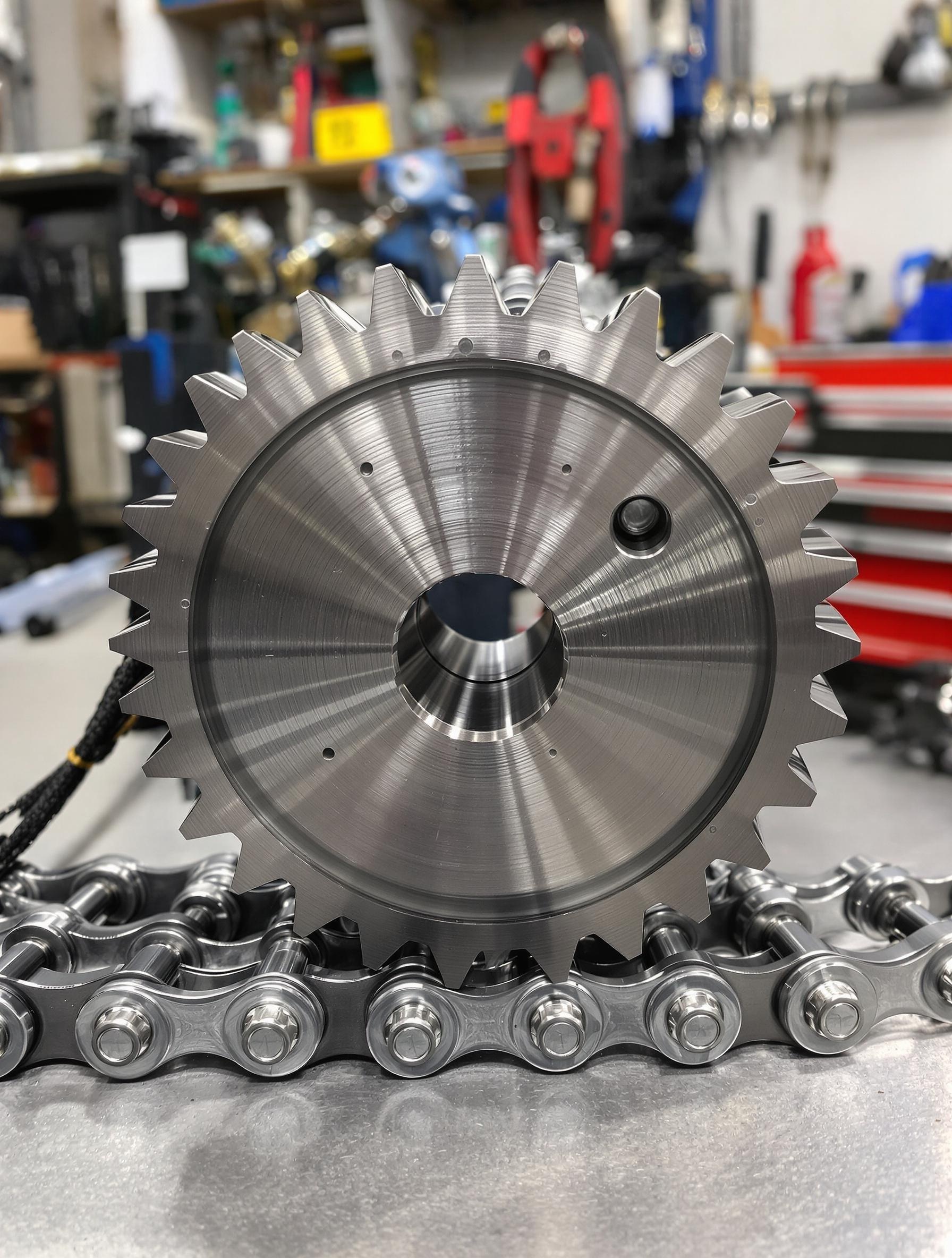 Gros plan sur pignon 16 dents KTM Duke 125 chaîne propre atelier