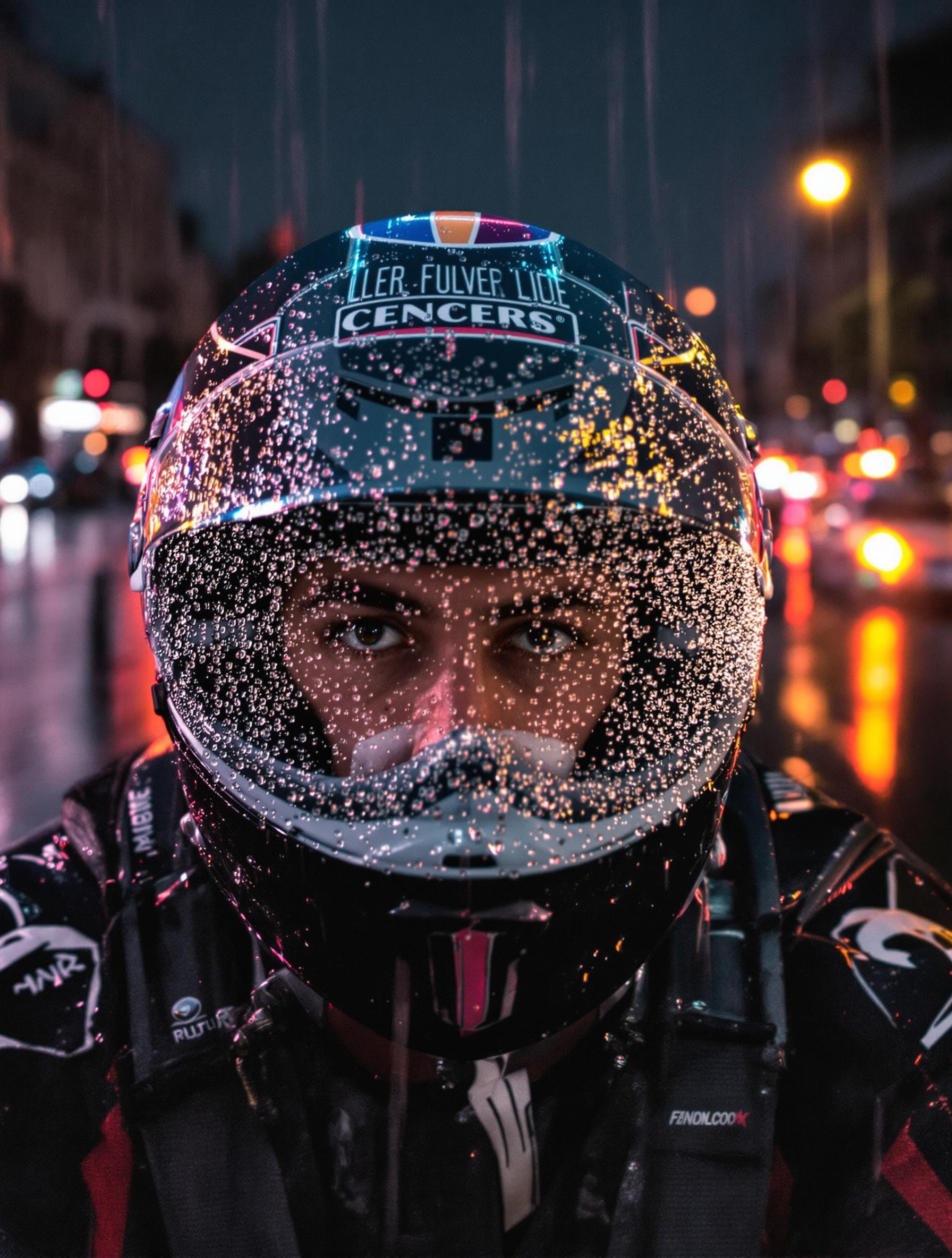 Pilote moto sous la pluie avec buée sur la visière