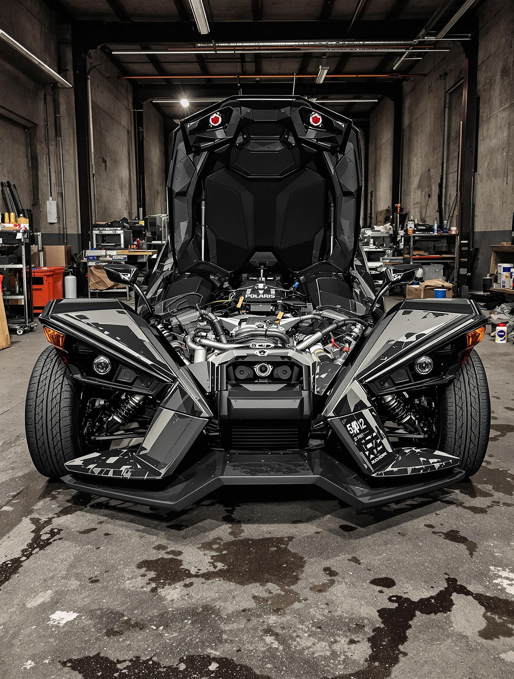 Atelier d'entretien Polaris Slingshot avec capot ouvert et outillage
