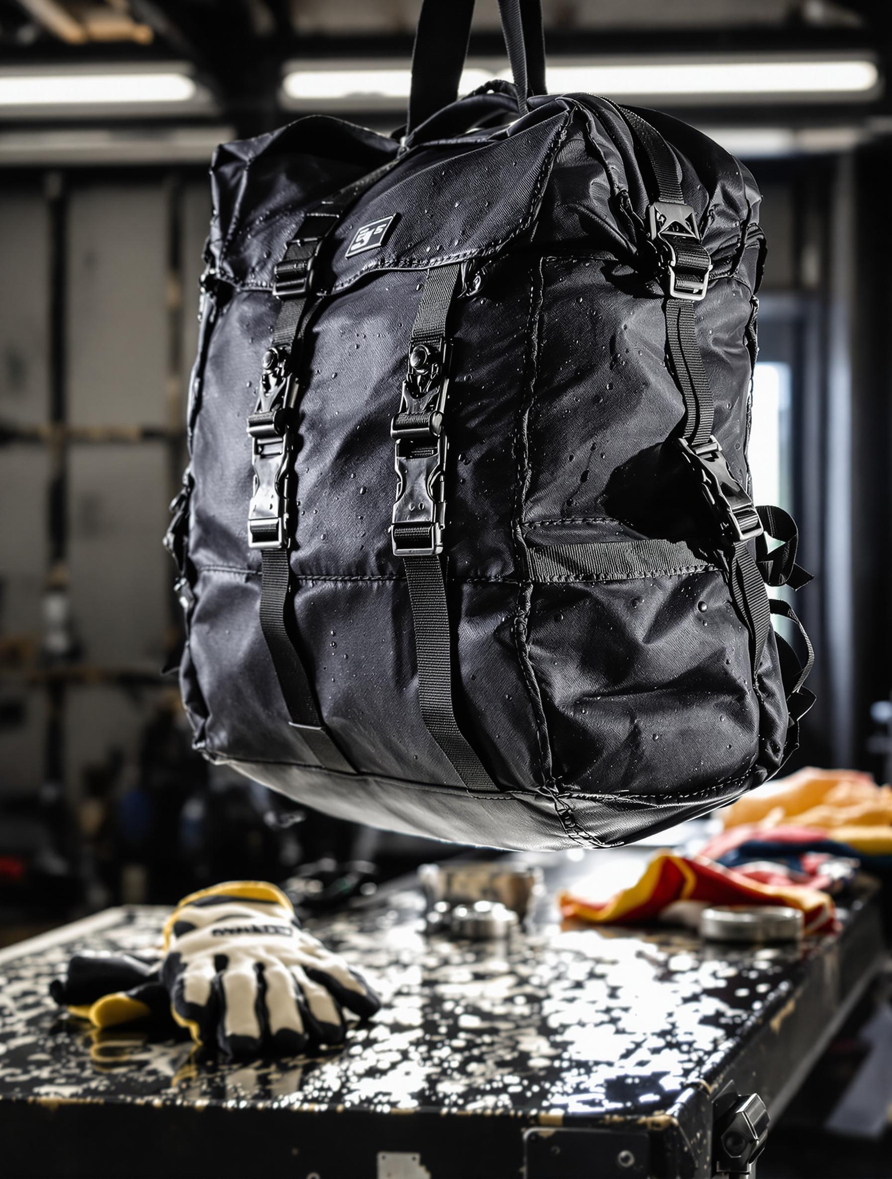 Gros plan sur un sac étanche moto suspendu pour séchage dans un garage de mécano