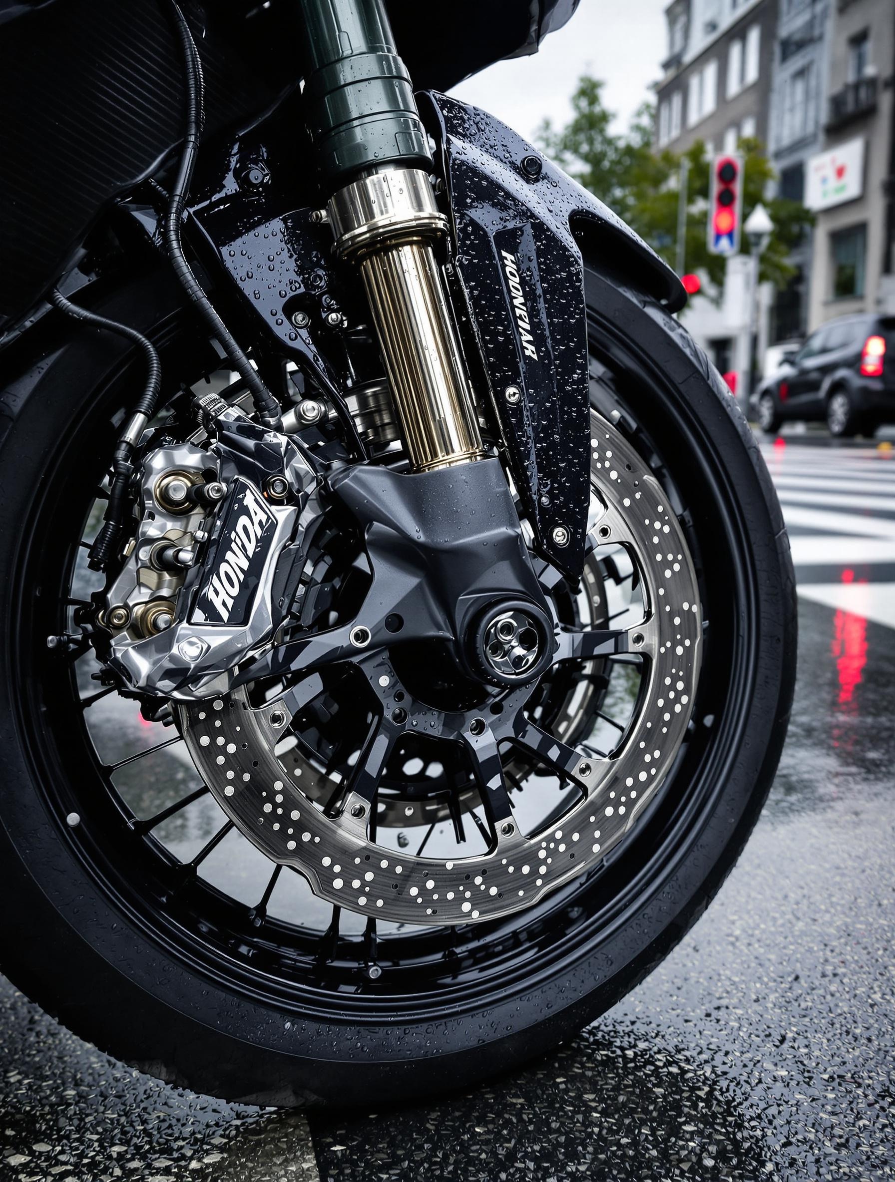 Frein avant de la Honda CB650R sur sol mouillé