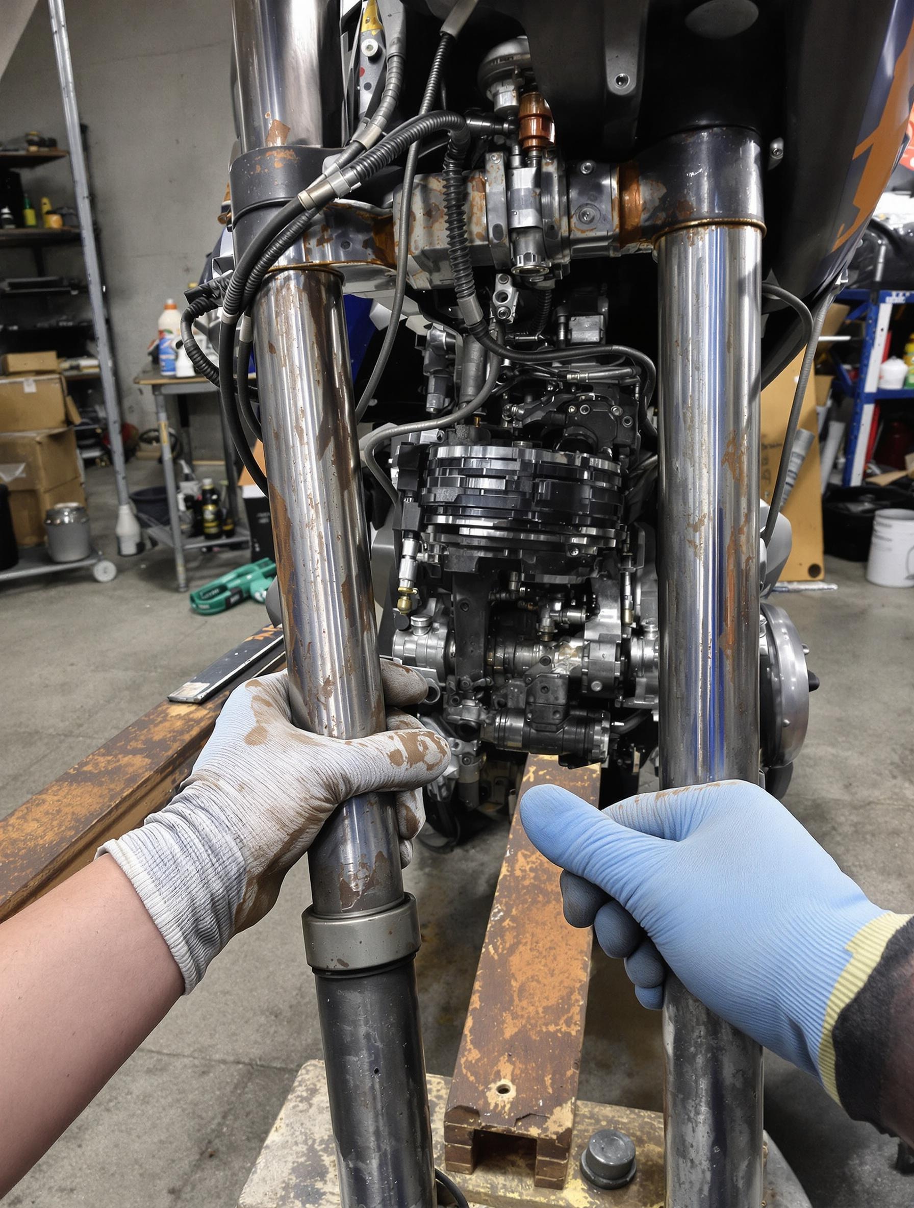 Inspection visuelle du cadre Yamaha 125 pour détecter la rouille et vérifier la fourche