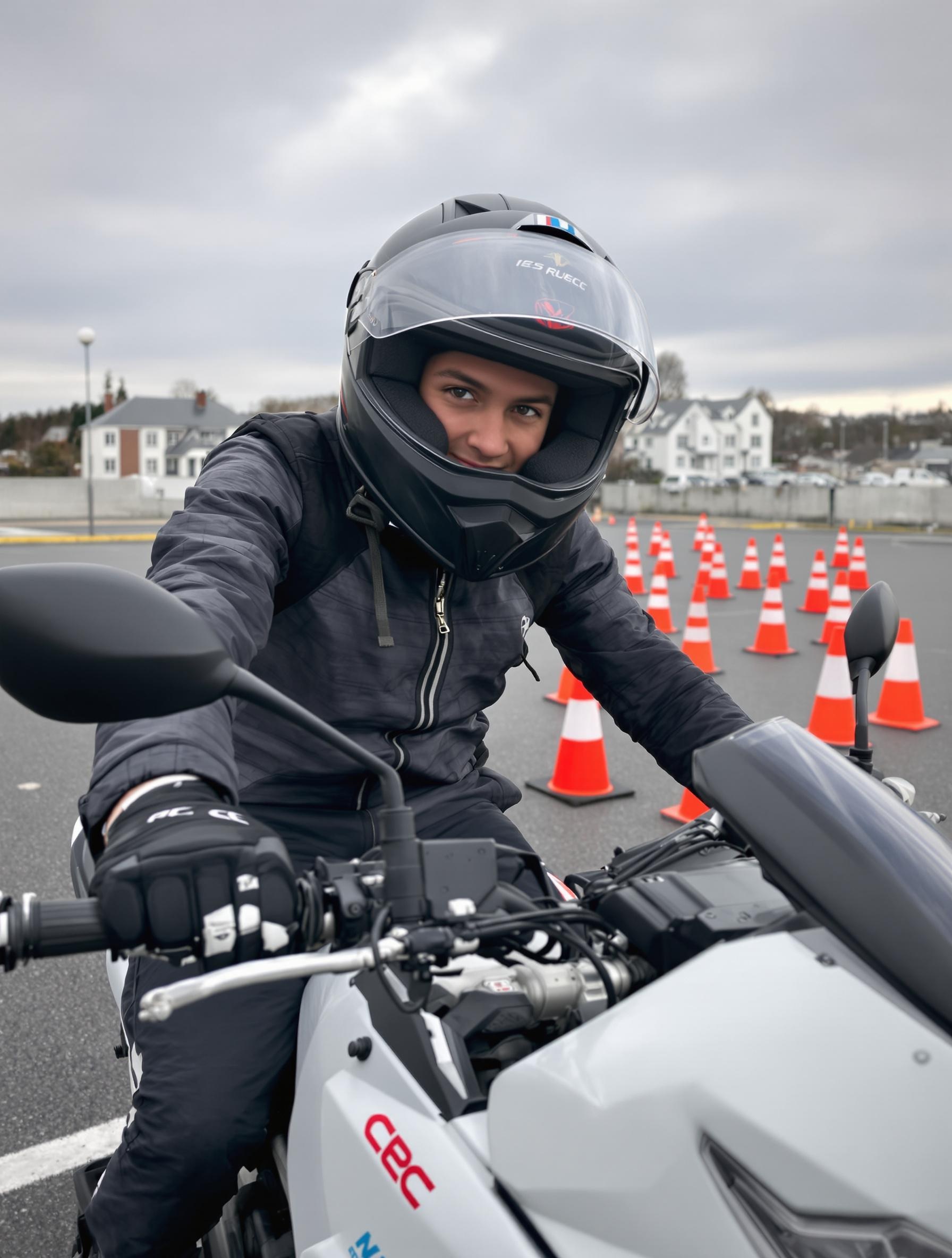 Jeune pilote de 16 ans équipé (casque homologué, gants CE) montant une moto légère 125 cm³ sur un parking d’auto-école, cônes visibles, ciel gris.
