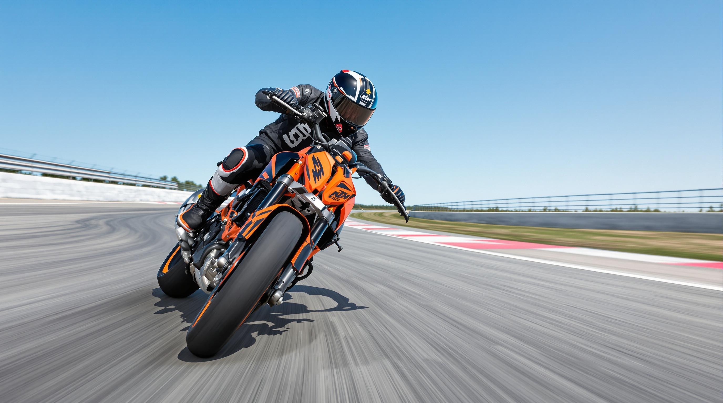 KTM Duke 125 Vmax sur piste d'essai avec tachymètre visible